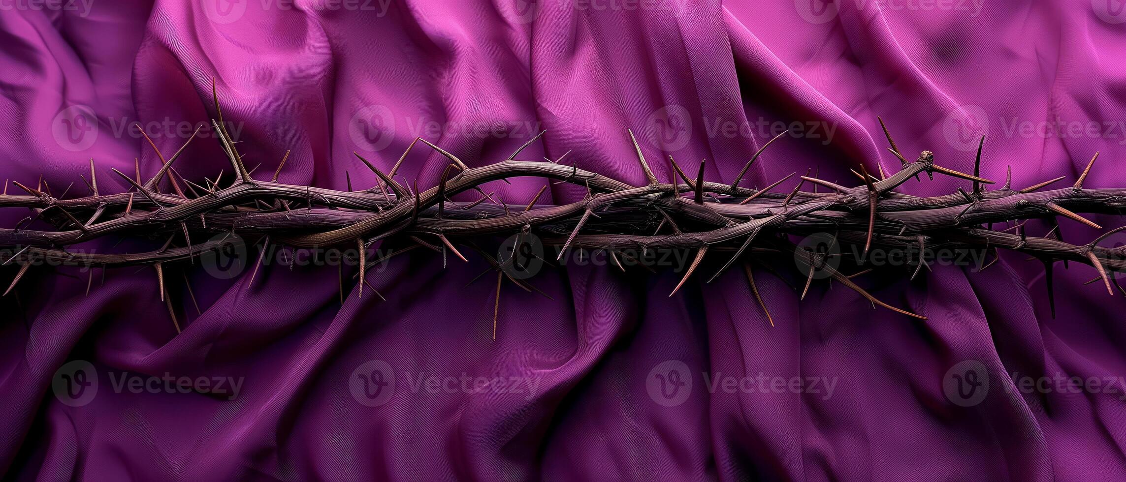 AI generated Wood cross and a crown of thorns over soft purple fabric for easter. Catholicism symbol. photo