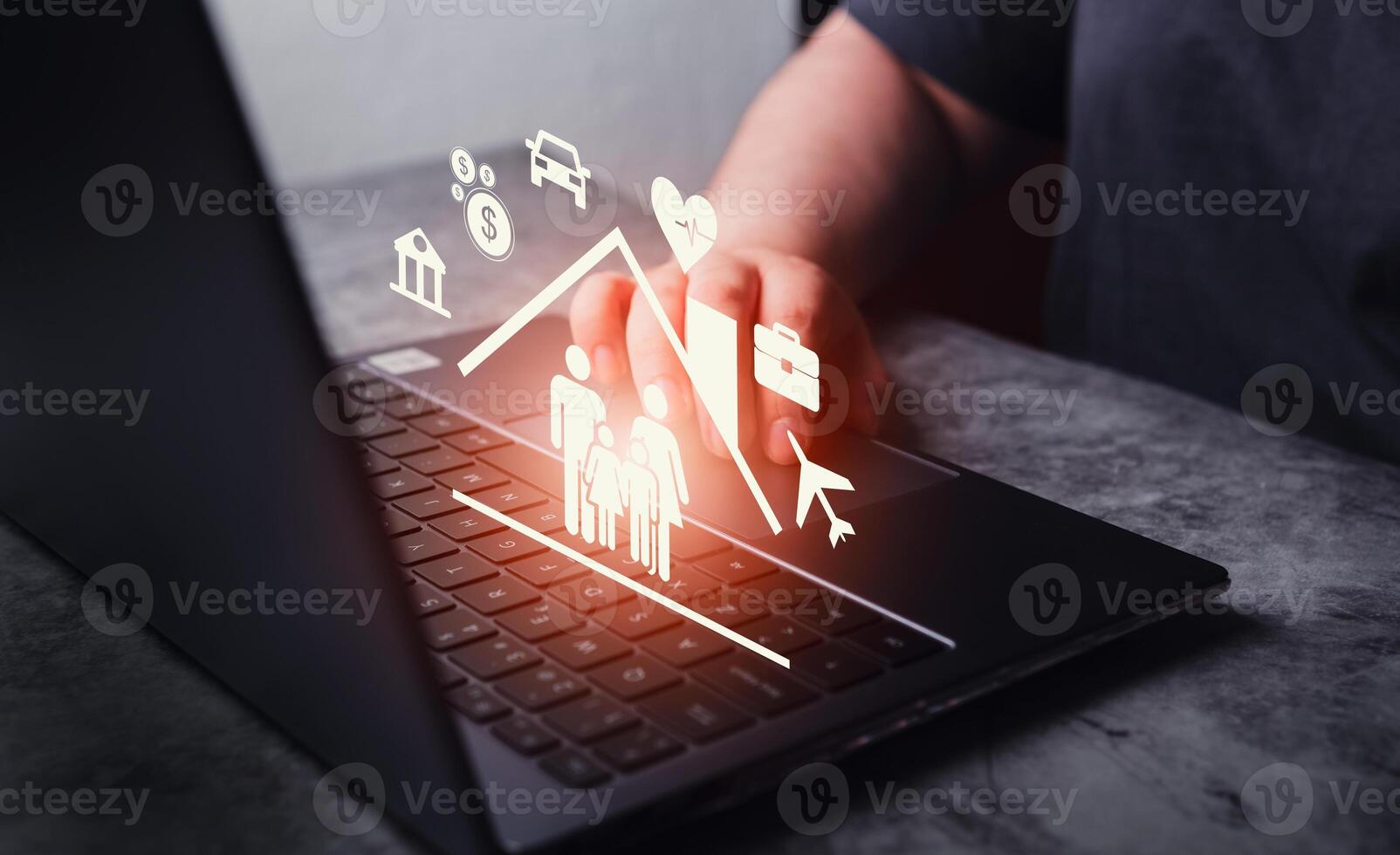 Woman use laptop with hologram interface of icons illustrating the coverage of policy insurance. Family, life, travel, health, bank, house and car. Wellness and security. Healthcare. photo