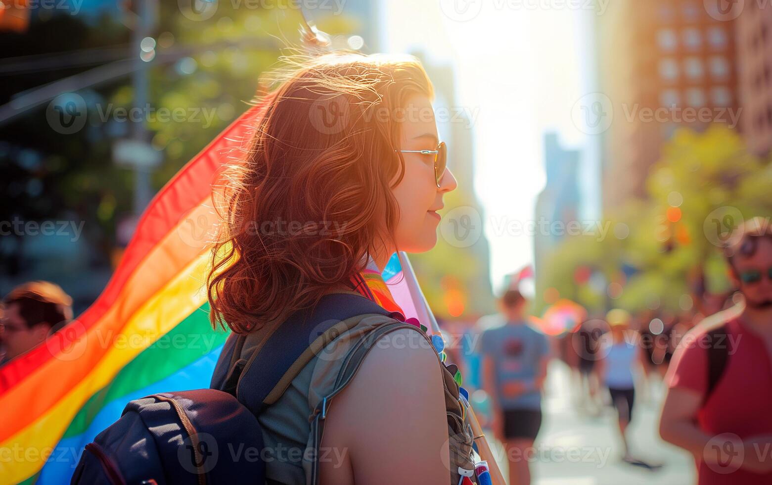 AI generated People at pride parade with rainbow flags. LGBTQ celebration march. photo