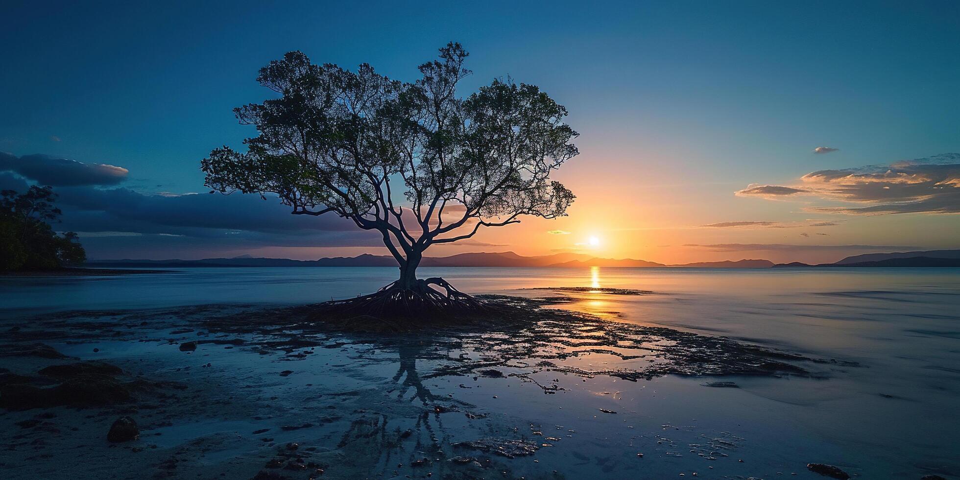 AI generated A silhouette of a tree on an island beach sunset landscape. Golden hour evening sky in the horizon. Mindfulness, meditation, calmness, serenity, relaxation concept background photo