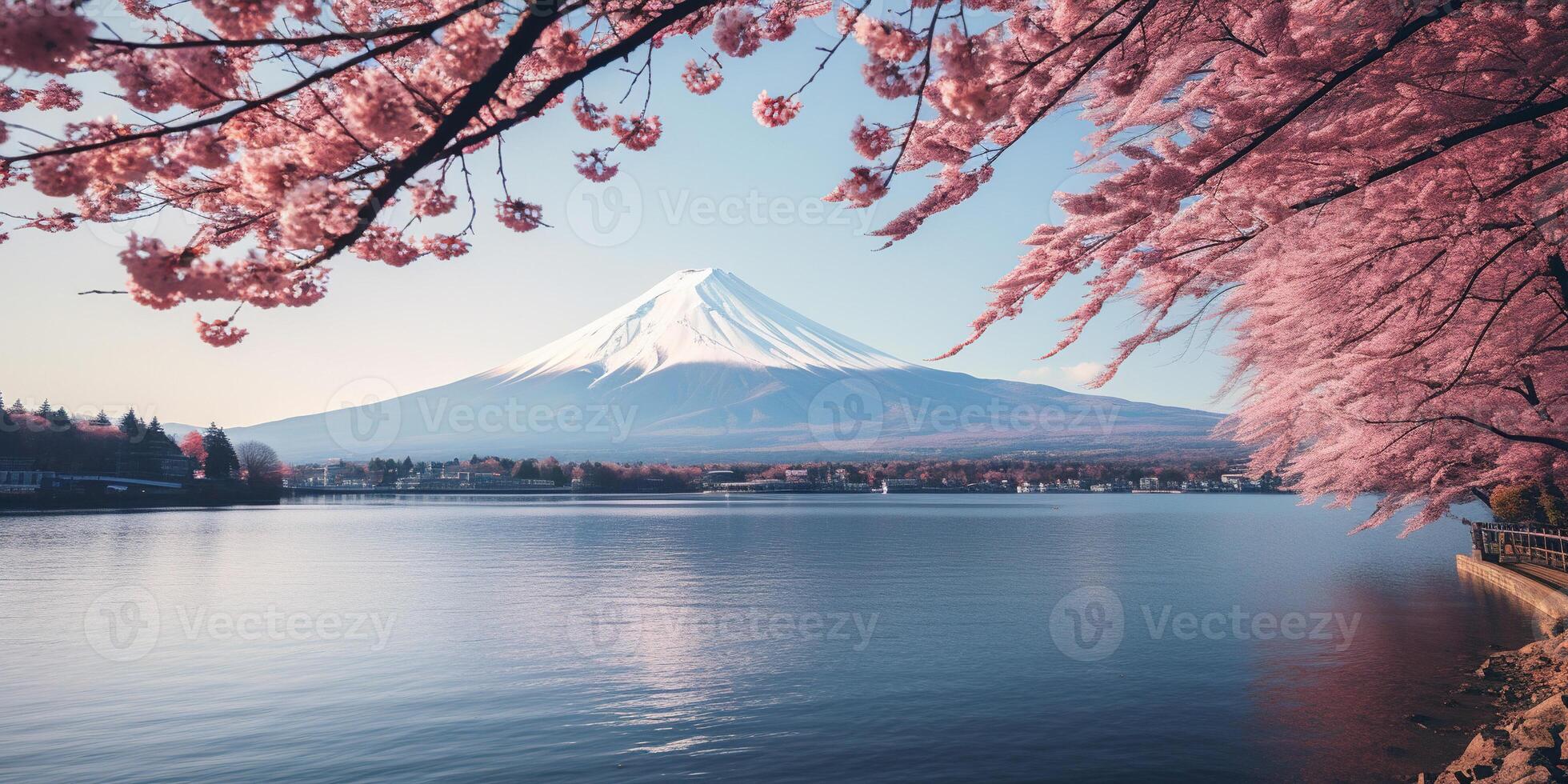 AI generated Mt. Fuji, mount Fuji san tallest volcano mountain in Tokyo, Japan. Snow capped peak, conical sacred symbol, spring season, sakura pink trees, nature landscape backdrop background photo