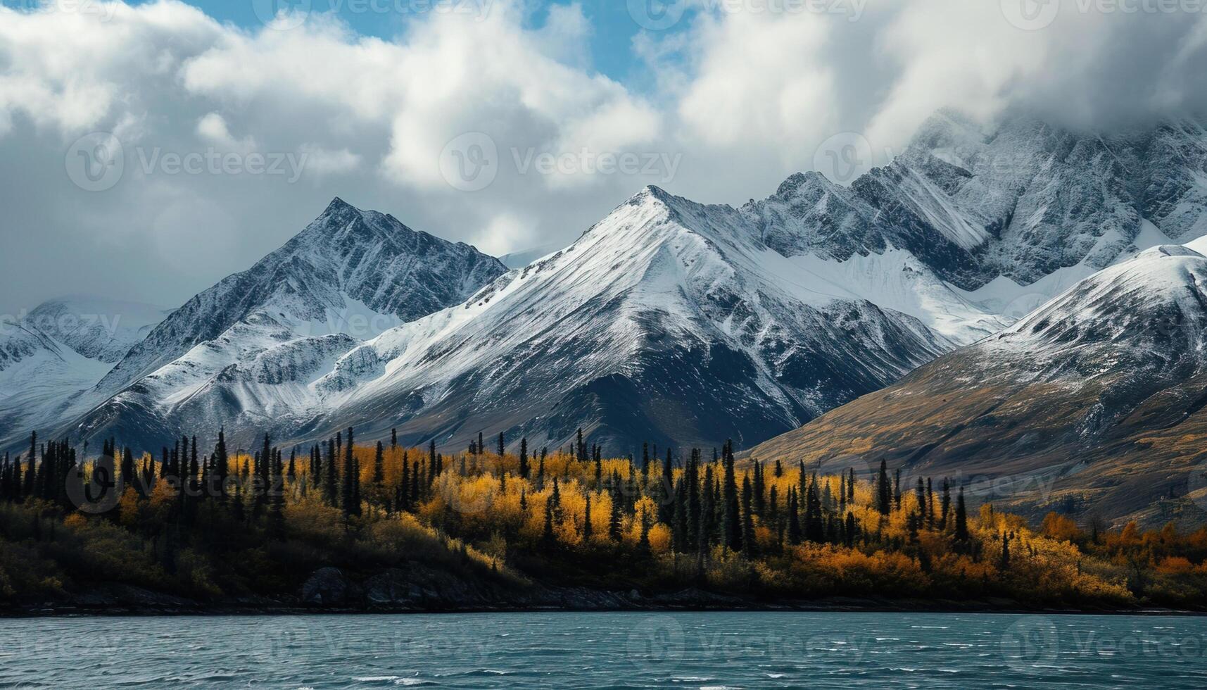 AI generated Snowy mountains of Alaska, landscape with forests, valleys, and rivers in daytime. Serene wilderness nature composition background wallpaper, travel destination, adventure outdoors photo