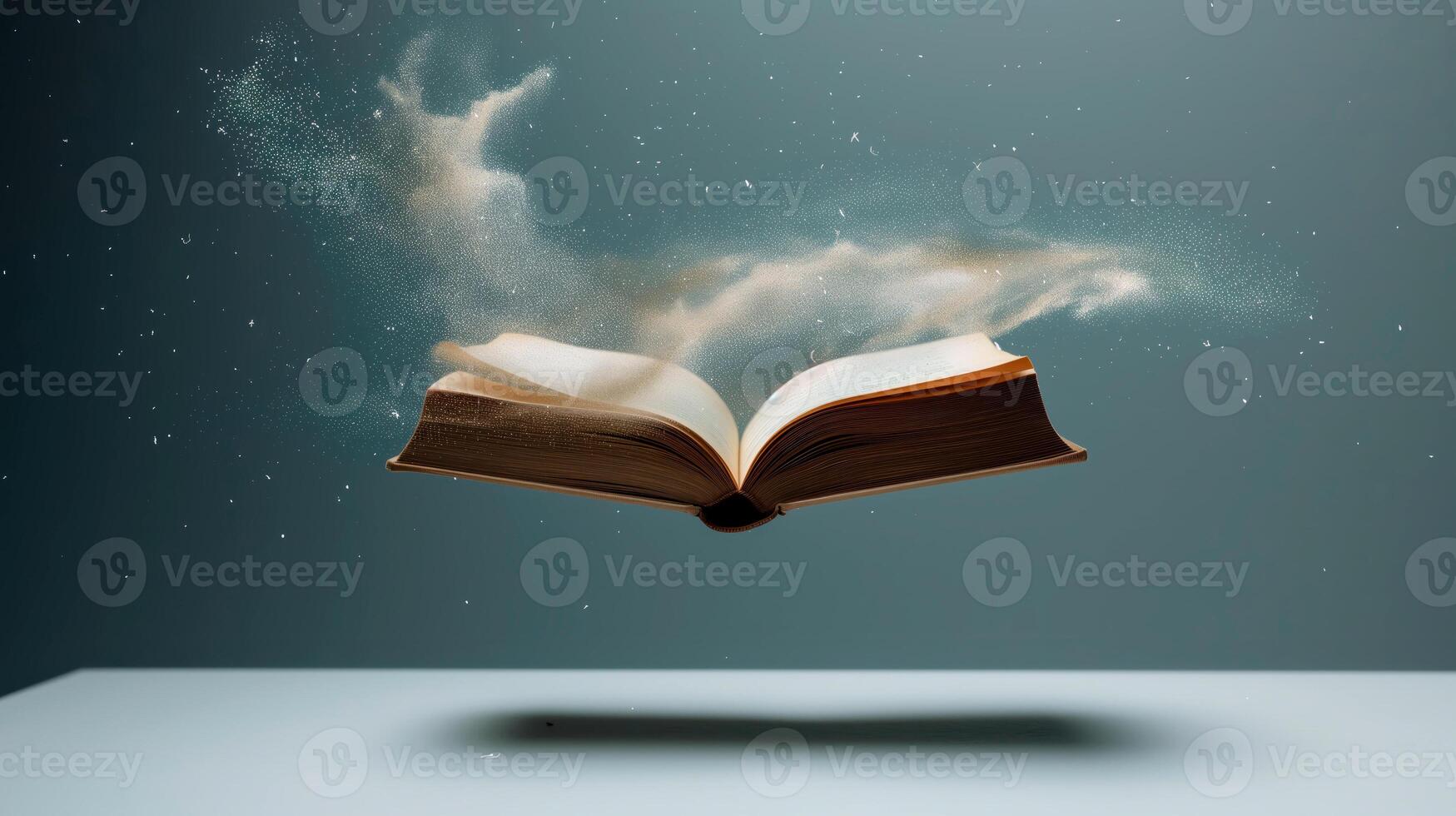 AI generated Open book flying over colorful background. Book day concept. Read, study, lecture and learn. Book mock up design. photo