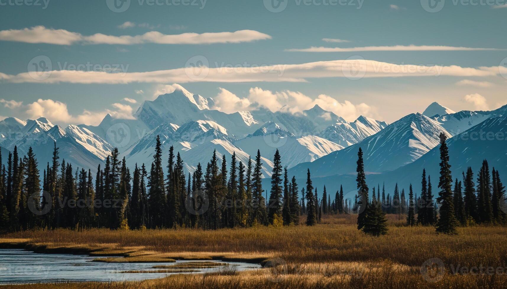 ai generado Nevado montañas de Alaska, paisaje con bosques, valles, y ríos en tiempo de día. sereno desierto naturaleza composición antecedentes fondo de pantalla, viaje destino, aventuras al aire libre foto