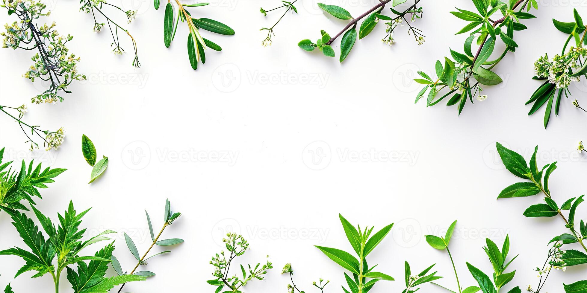 AI generated Frame made out of green plant leaves and vines on a white background with copy space. Greenery, nature, growth concept, graphic design resource element photo