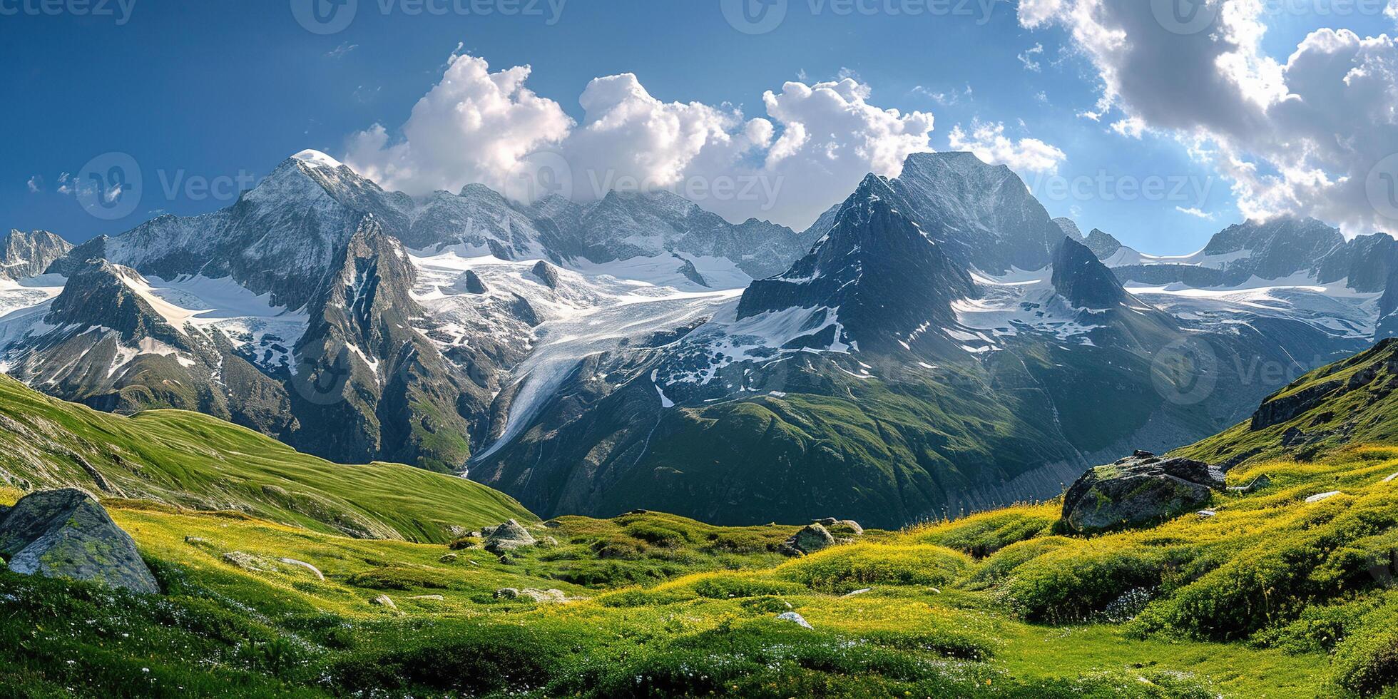 AI generated Swiss Alps mountain range with lush forest valleys and meadows, countryside in Switzerland landscape. Serene idyllic panorama, majestic nature, relaxation, calmness concept photo