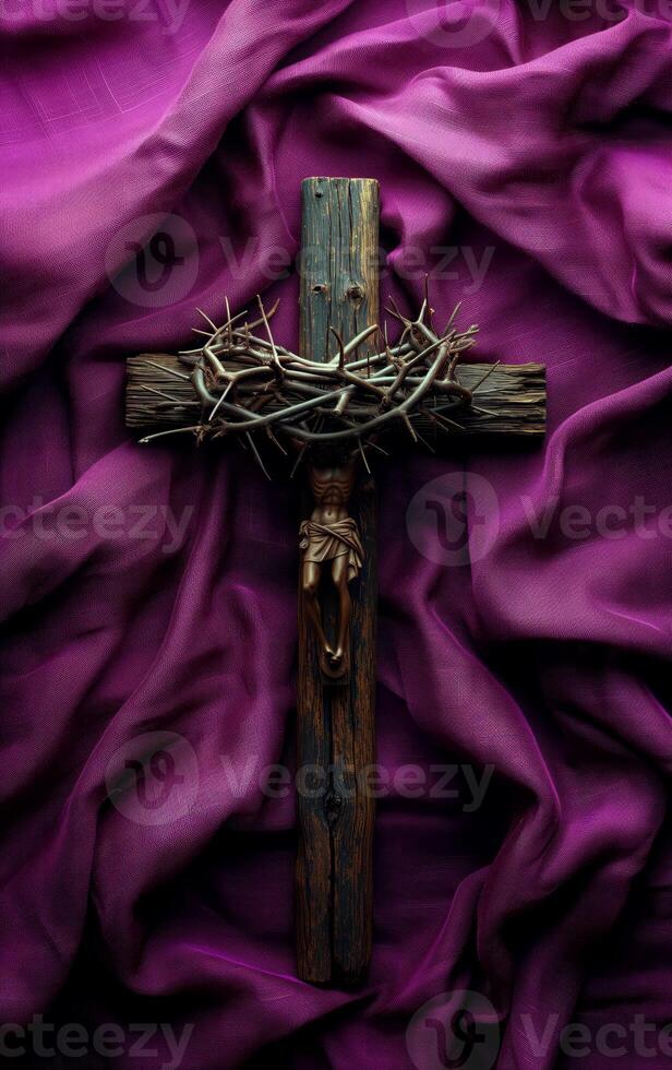 ai generado madera cruzar y un corona de espinas terminado suave púrpura tela para Pascua de Resurrección. catolicismo símbolo. foto