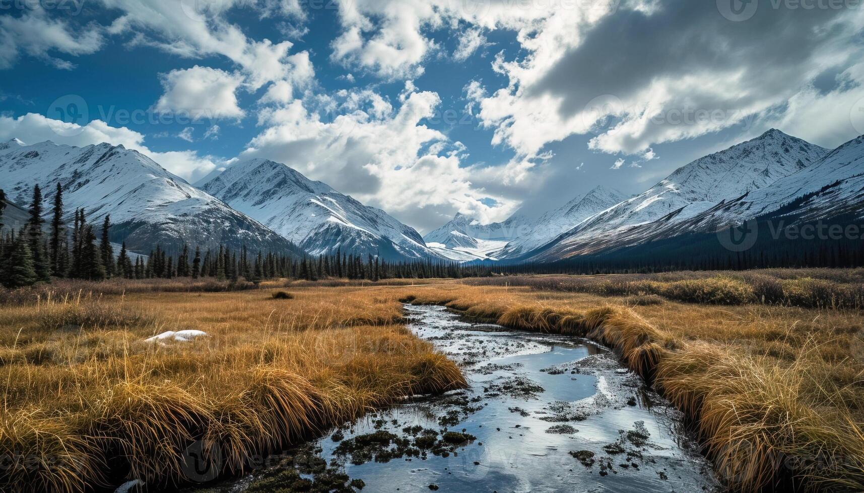 ai generado Nevado montañas de Alaska, paisaje con bosques, valles, y ríos en tiempo de día. asombroso naturaleza composición antecedentes fondo de pantalla, viaje destino, aventuras al aire libre foto