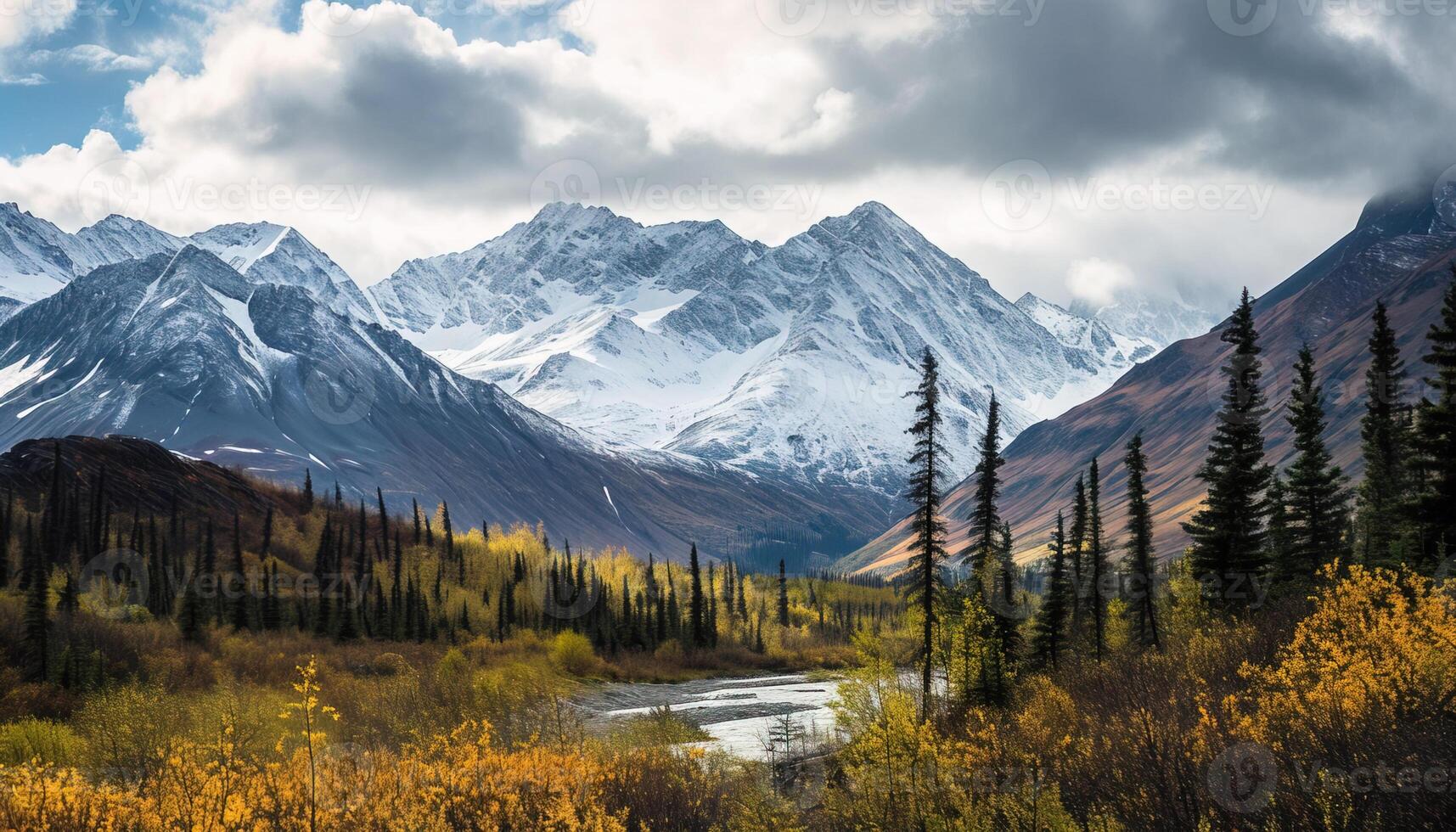 ai generado Nevado montañas de Alaska, paisaje con bosques, valles, y ríos en tiempo de día. asombroso naturaleza composición antecedentes fondo de pantalla, viaje destino, aventuras al aire libre foto