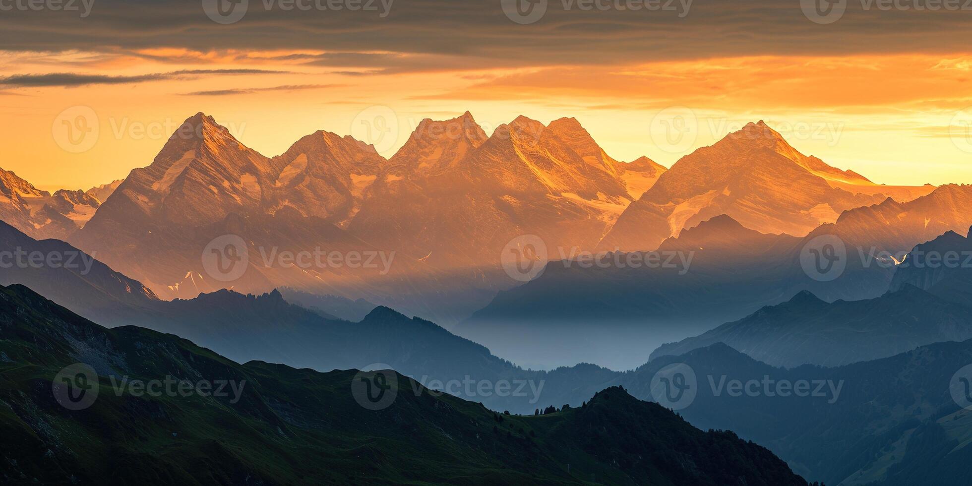AI generated Swiss Alps snowy mountain range with valleys and meadows, countryside in Switzerland landscape. Golden hour majestic fiery sunset sky, travel destination wallpaper background photo