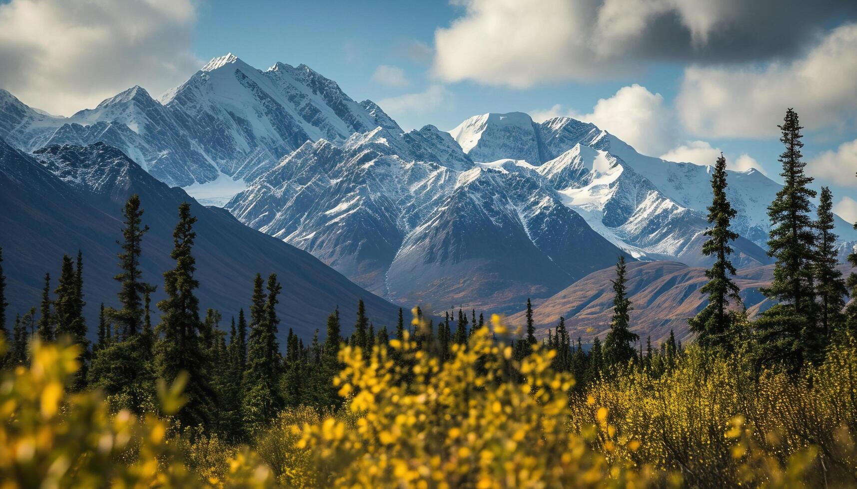 AI generated Snowy mountains of Alaska, landscape with forests, valleys, and rivers in daytime. Breathtaking nature composition background wallpaper, travel destination, adventure outdoors photo