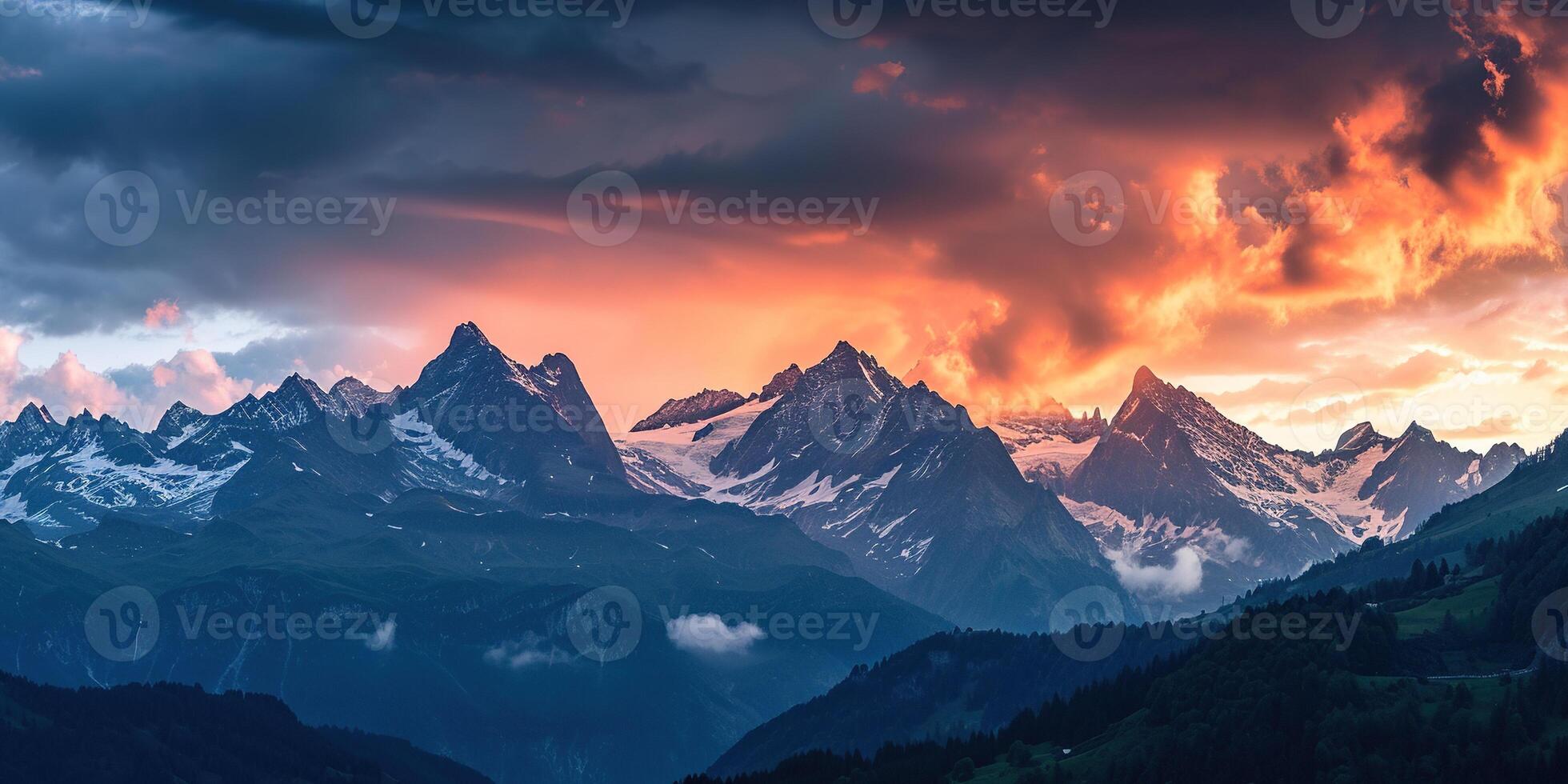 ai generado suizo Alpes Nevado montaña rango con valles y prados, campo en Suiza paisaje. dorado hora majestuoso ardiente puesta de sol cielo, viaje destino fondo de pantalla antecedentes foto