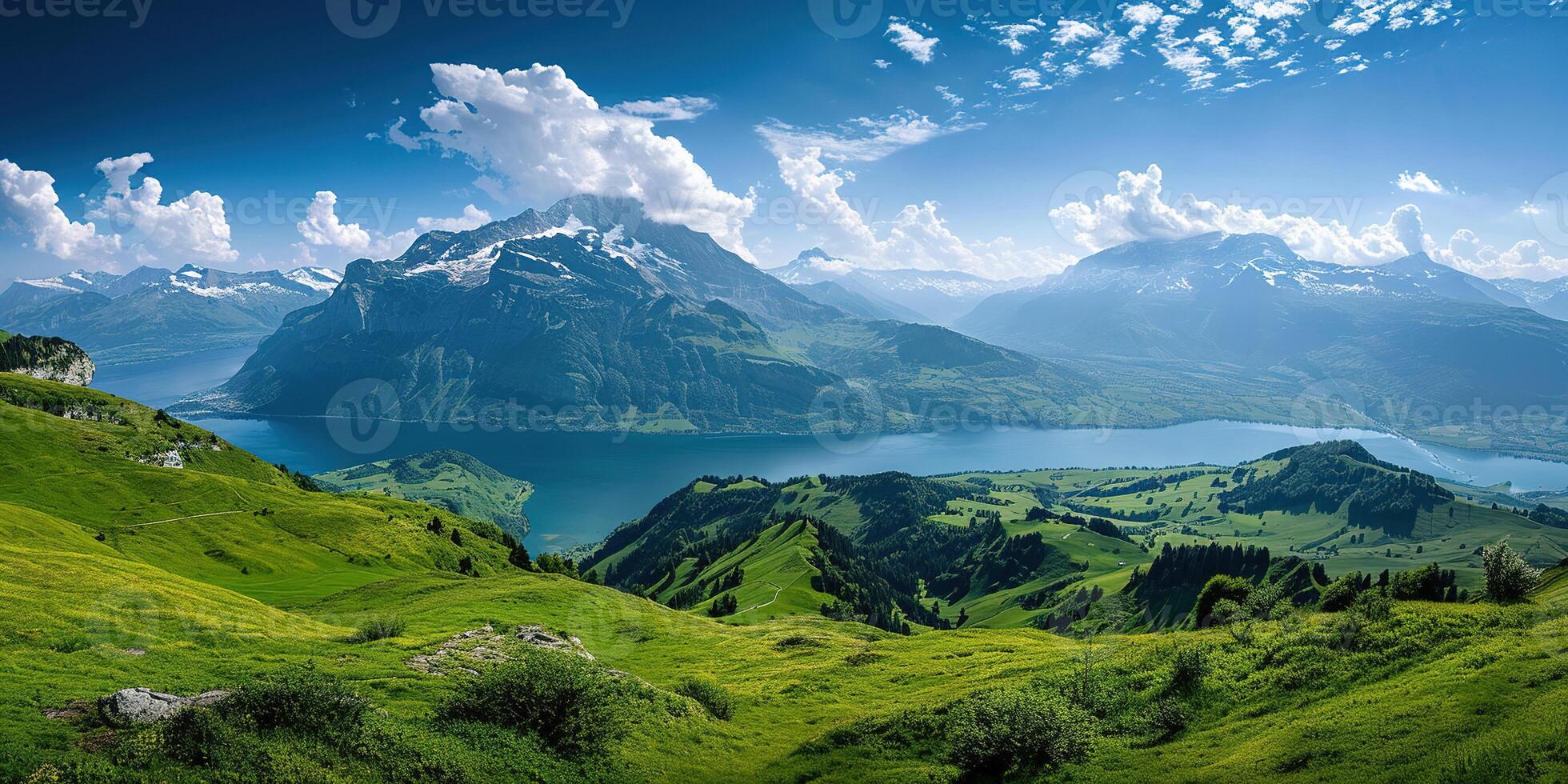 ai generado suizo Alpes montaña rango con lozano bosque valles y prados, campo en Suiza paisaje. Nevado montaña tapas en el horizonte, viaje destino fondo de pantalla antecedentes foto