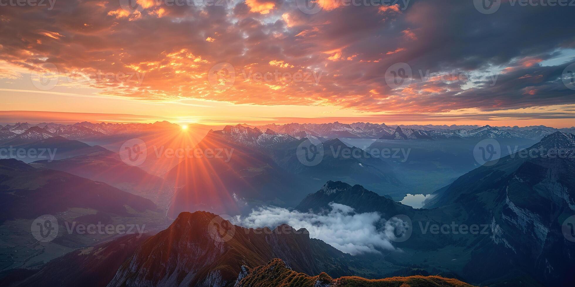 AI generated Swiss Alps snowy mountain range with valleys and meadows, countryside in Switzerland landscape. Golden hour majestic fiery sunset sky, travel destination wallpaper background photo