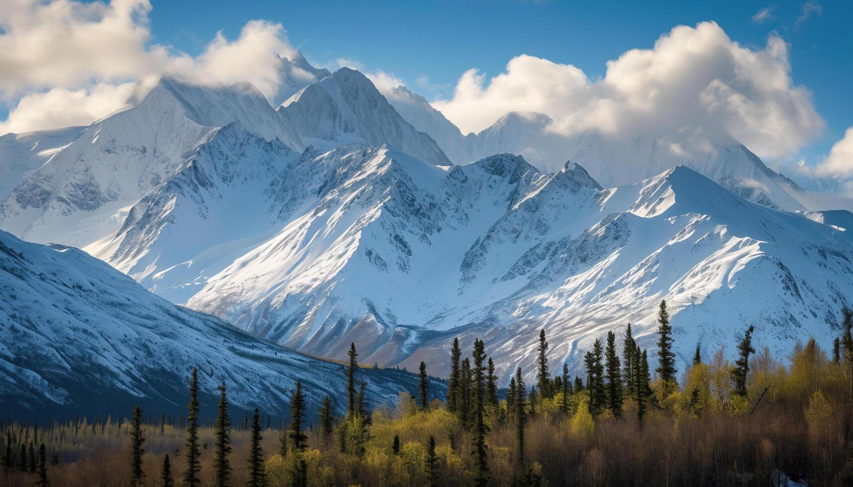 ai generado Nevado montañas de Alaska, paisaje con bosques, valles, y ríos en tiempo de día. asombroso naturaleza composición antecedentes fondo de pantalla, viaje destino, aventuras al aire libre foto