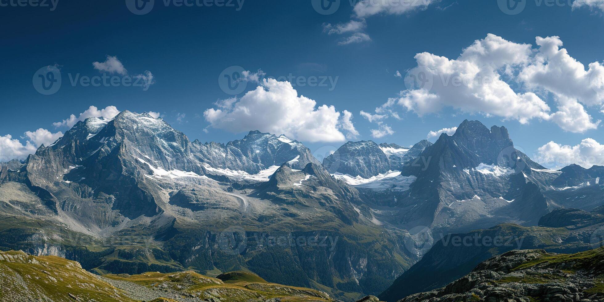 AI generated Swiss Alps mountain range with lush forest valleys and meadows, countryside in Switzerland landscape. Serene idyllic panorama, majestic nature, relaxation, calmness concept photo