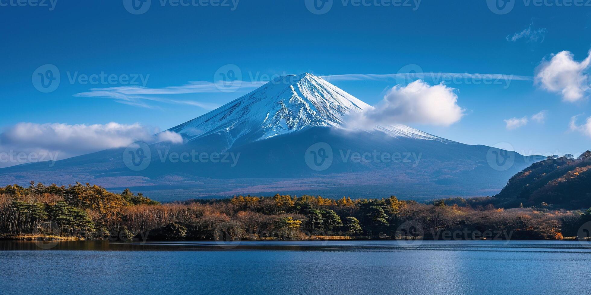 AI generated Mt. Fuji, mount Fuji-san tallest volcano mountain in Tokyo, Japan. Snow capped peak, conical sacred symbol, nature landscape backdrop background wallpaper, travel destination photo