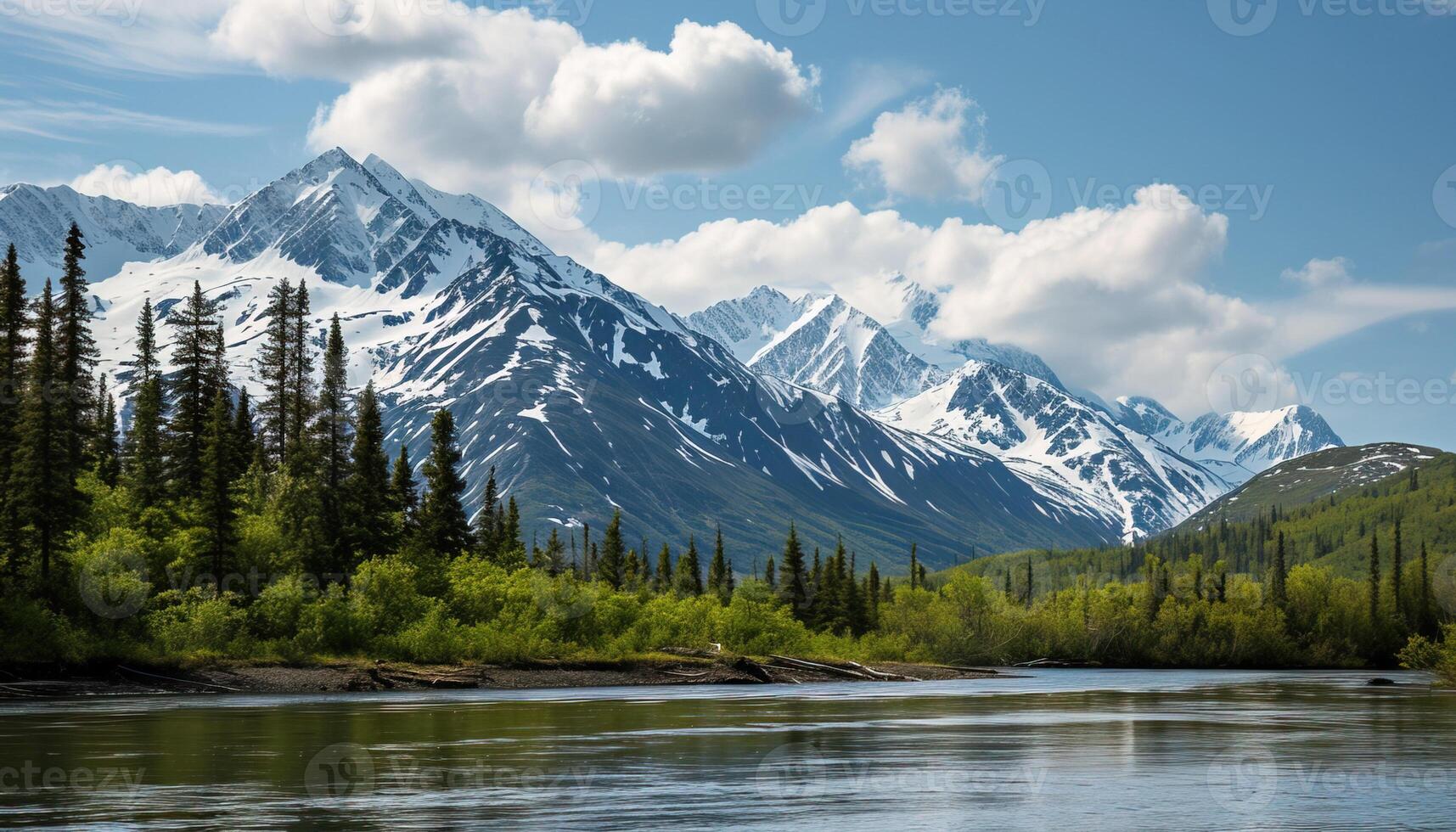 AI generated Snowy mountains of Alaska, landscape with forests, valleys, and rivers in daytime. Breathtaking nature composition background wallpaper, travel destination, adventure outdoors photo
