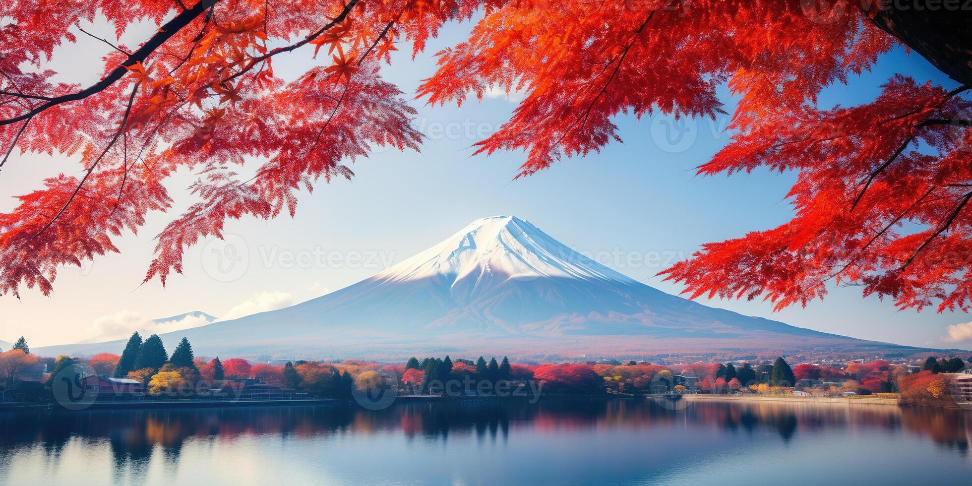 AI generated Mt. Fuji, mount Fuji-san tallest volcano mountain in Tokyo, Japan. Snow capped peak, conical sacred symbol, autumn fall, red trees, nature landscape backdrop background wallpaper, travel photo