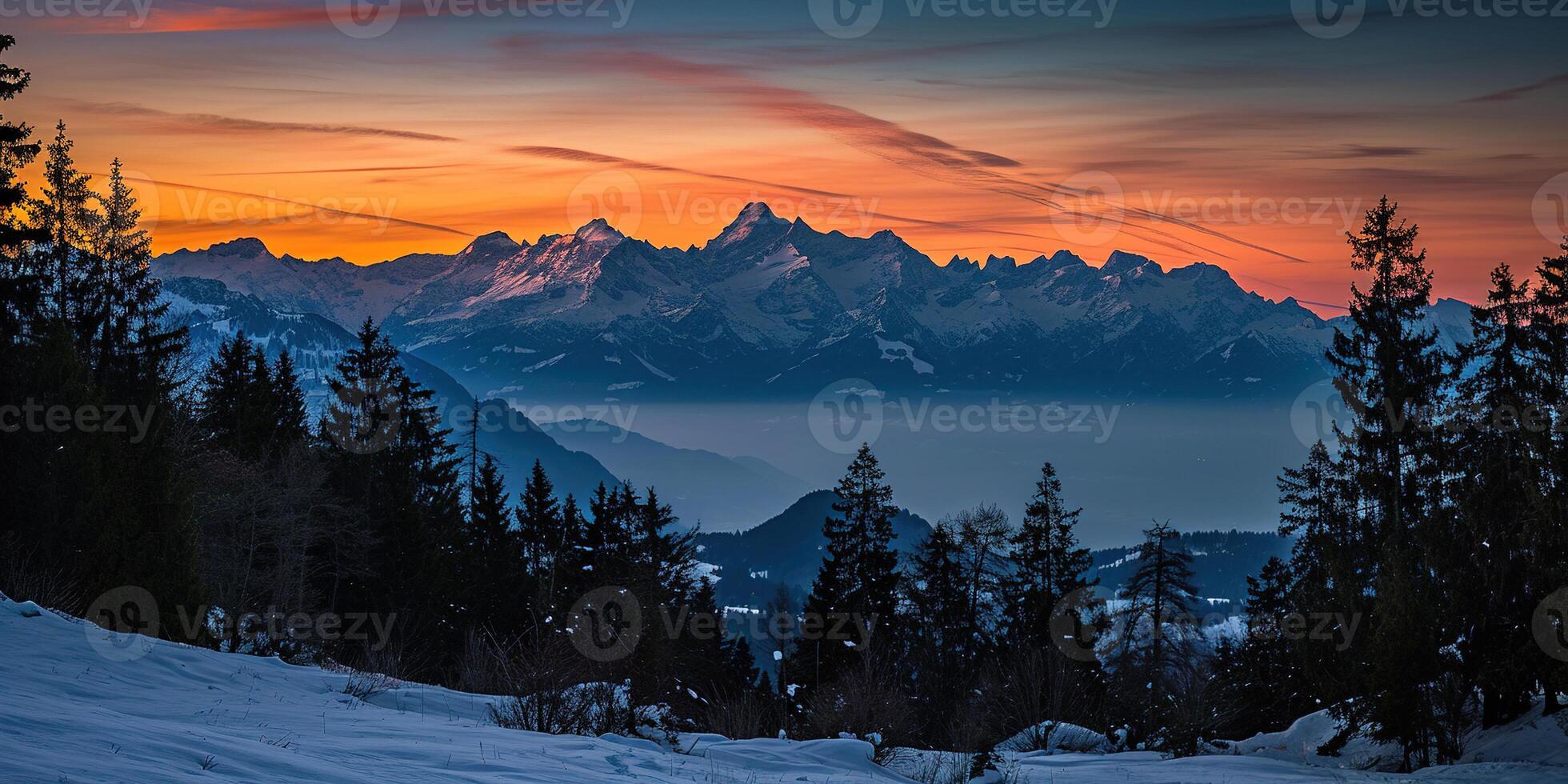 AI generated Swiss Alps snowy mountain range with valleys and meadows, countryside in Switzerland landscape. Golden hour majestic fiery sunset sky, travel destination wallpaper background photo