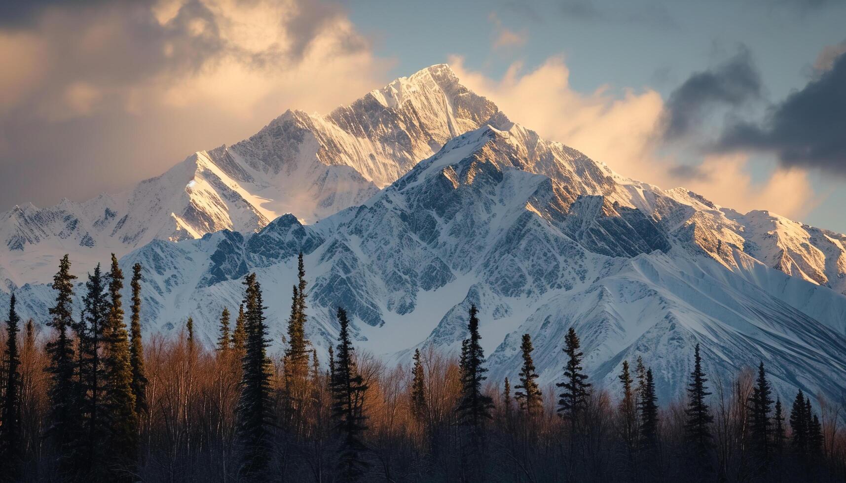 AI generated Snowy mountains of Alaska, landscape with forests, valleys, and rivers in daytime. Breathtaking nature composition background wallpaper, travel destination, adventure outdoors photo