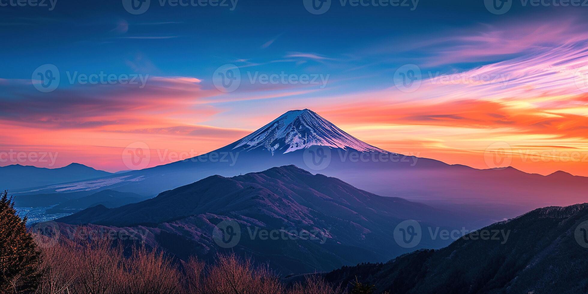 AI generated Mt. Fuji, mount Fuji-san tallest volcano mountain in Tokyo, Japan. Snow capped peak, conical sacred symbol, purple, orange sunset nature landscape backdrop background wallpaper, travel photo