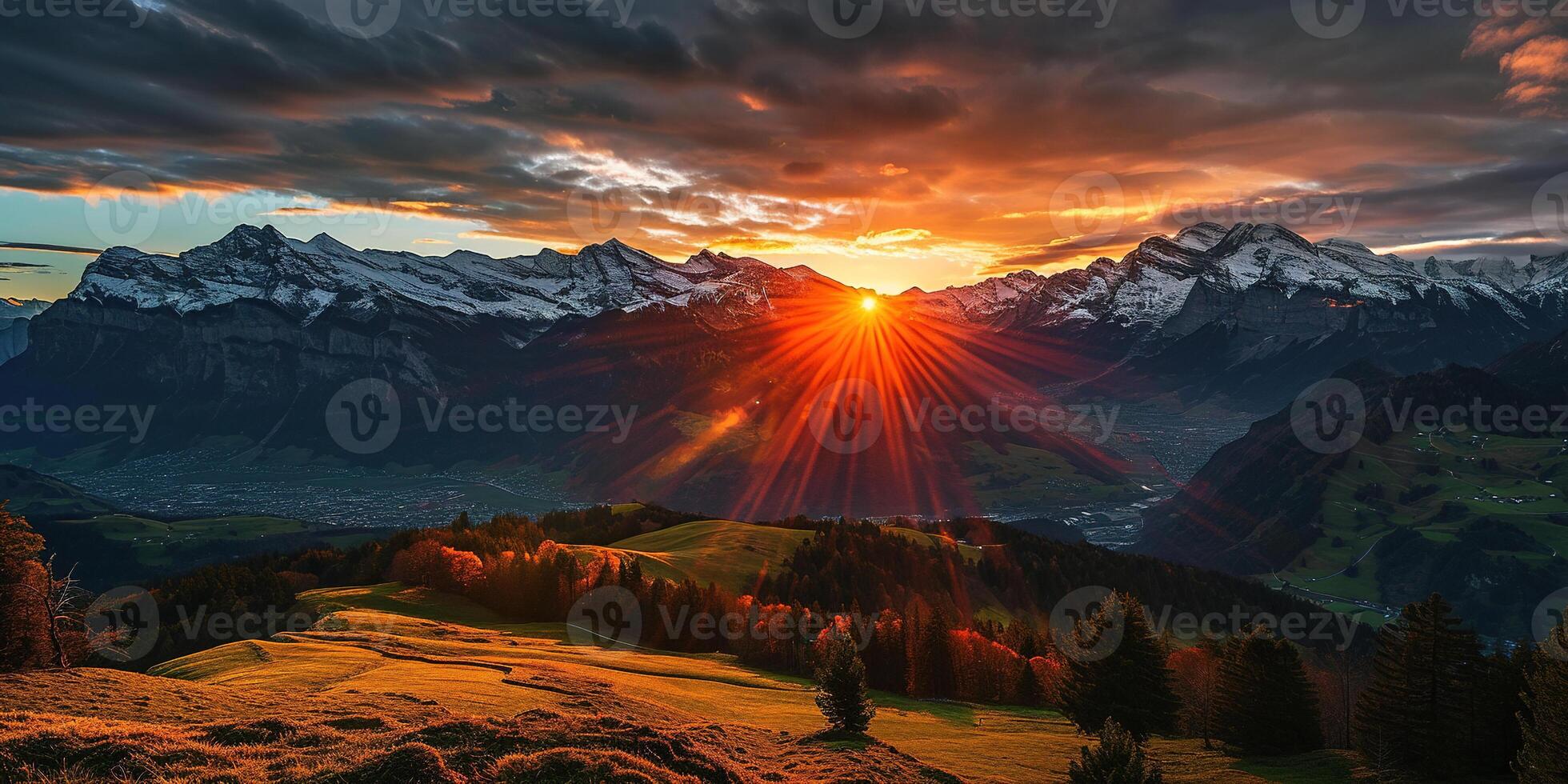 ai generado suizo Alpes Nevado montaña rango con valles y prados, campo en Suiza paisaje. dorado hora majestuoso ardiente puesta de sol cielo, viaje destino fondo de pantalla antecedentes foto