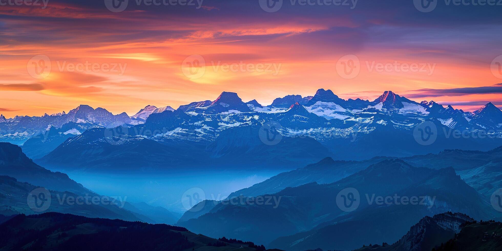 AI generated Swiss Alps snowy mountain range with valleys and meadows, countryside in Switzerland landscape. Golden hour majestic fiery sunset sky, travel destination wallpaper background photo