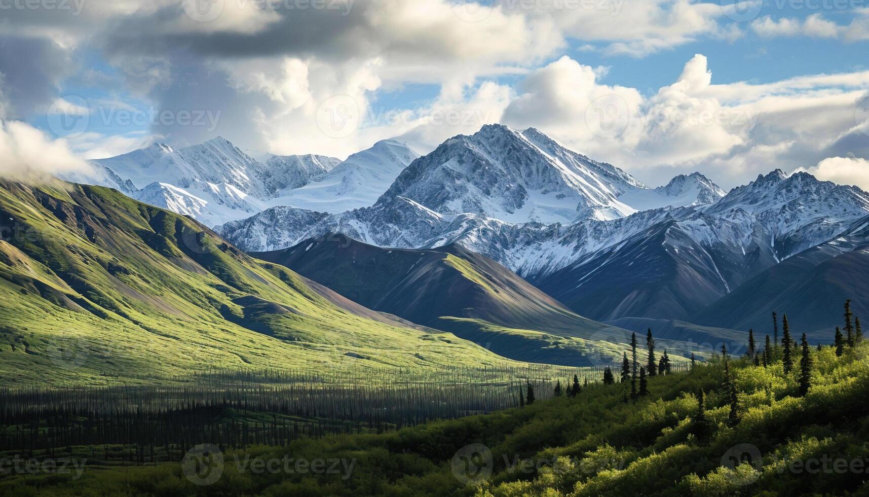 AI generated Snowy mountains of Alaska, landscape with forests, valleys, and rivers in daytime. Breathtaking nature composition background wallpaper, travel destination, adventure outdoors photo
