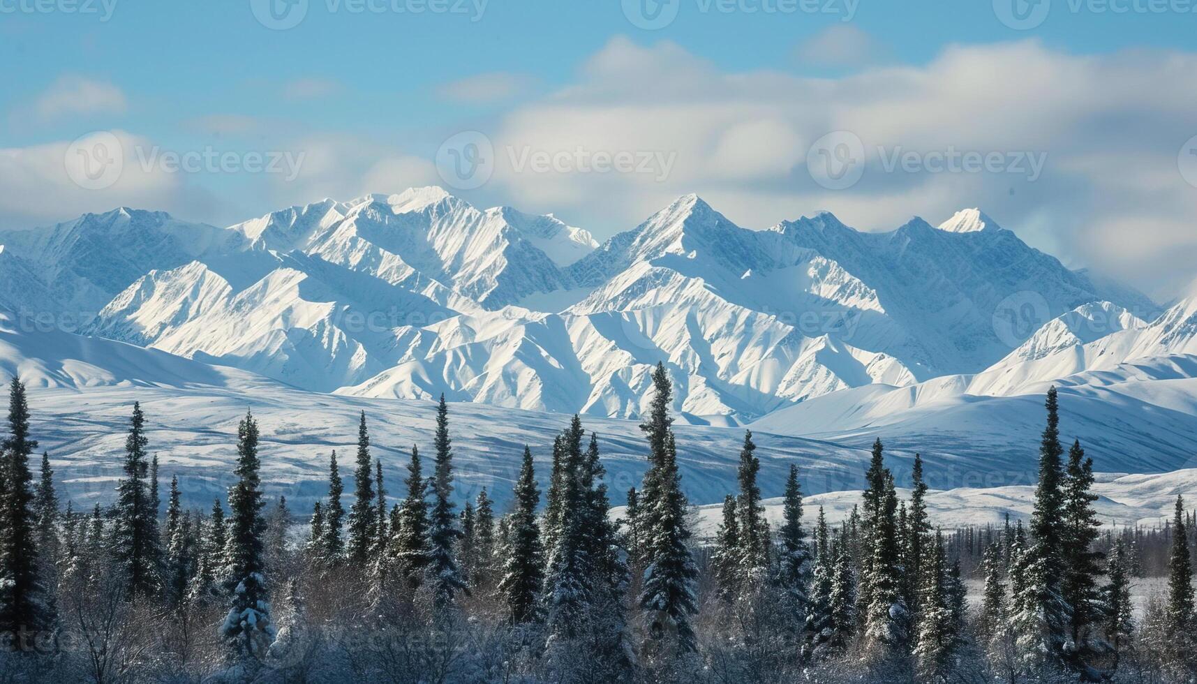 AI generated Snowy mountains of Alaska, landscape with forests, valleys, and rivers in daytime. Serene wilderness nature composition background wallpaper, travel destination, adventure outdoors photo