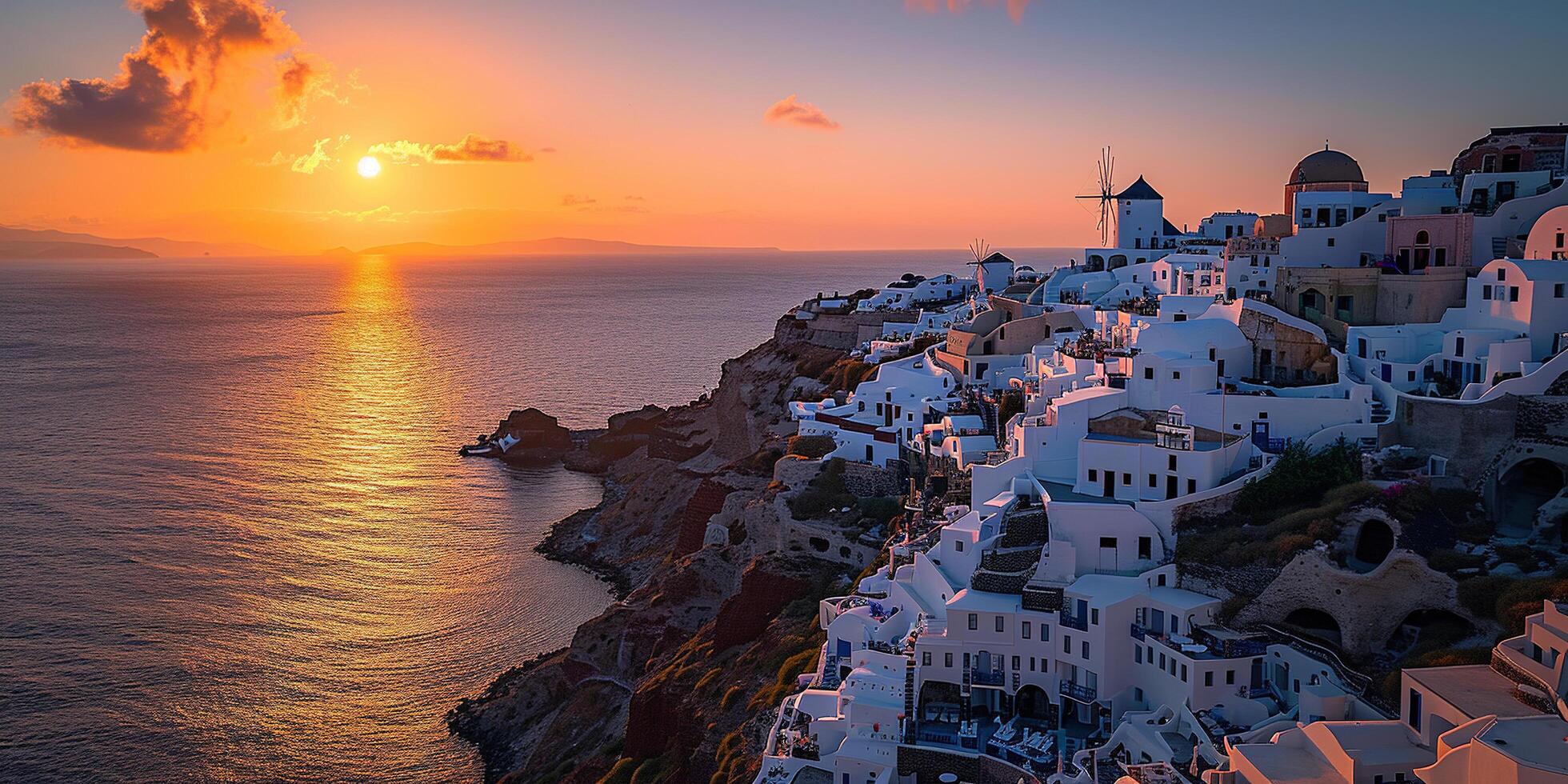 AI generated Santorini Thira island in southern Aegean Sea, Greece sunset. Fira and Oia town with white houses overlooking cliffs, beaches, and small islands panorama background wallpaper photo