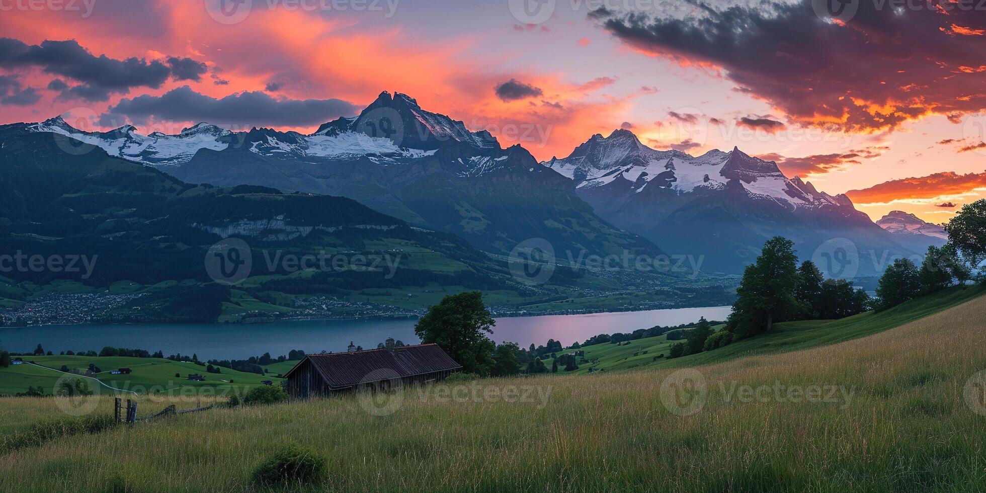 AI generated Swiss Alps snowy mountain range with valleys and meadows, countryside in Switzerland landscape. Golden hour majestic fiery sunset sky, travel destination wallpaper background photo
