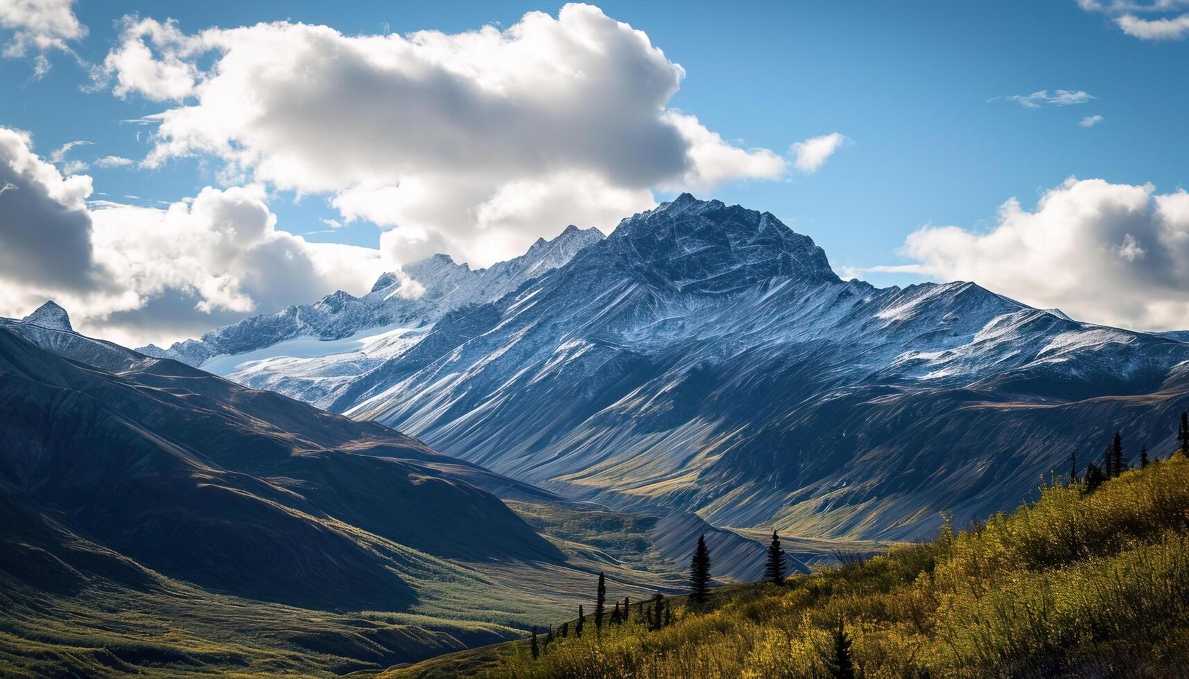 ai generado Nevado montañas de Alaska, paisaje con bosques, valles, y ríos en tiempo de día. asombroso naturaleza composición antecedentes fondo de pantalla, viaje destino, aventuras al aire libre foto