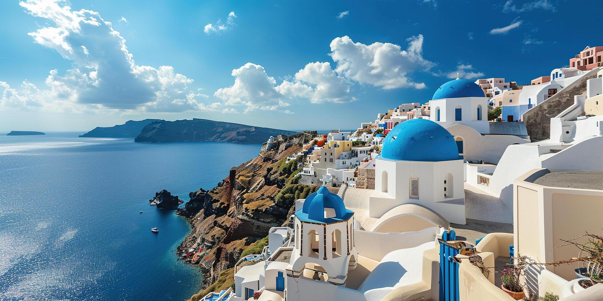 AI generated Santorini Thira island in southern Aegean Sea, Greece daytime. Fira and Oia town with white houses overlooking cliffs, beaches, and small islands panorama background wallpaper photo