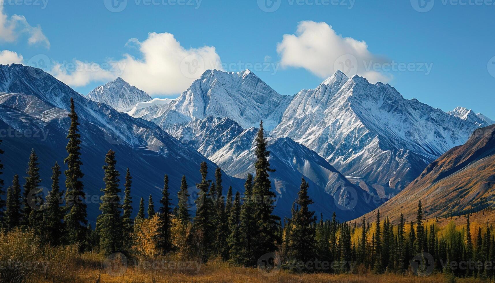 AI generated Snowy mountains of Alaska, landscape with forests, valleys, and rivers in daytime. Breathtaking nature composition background wallpaper, travel destination, adventure outdoors photo