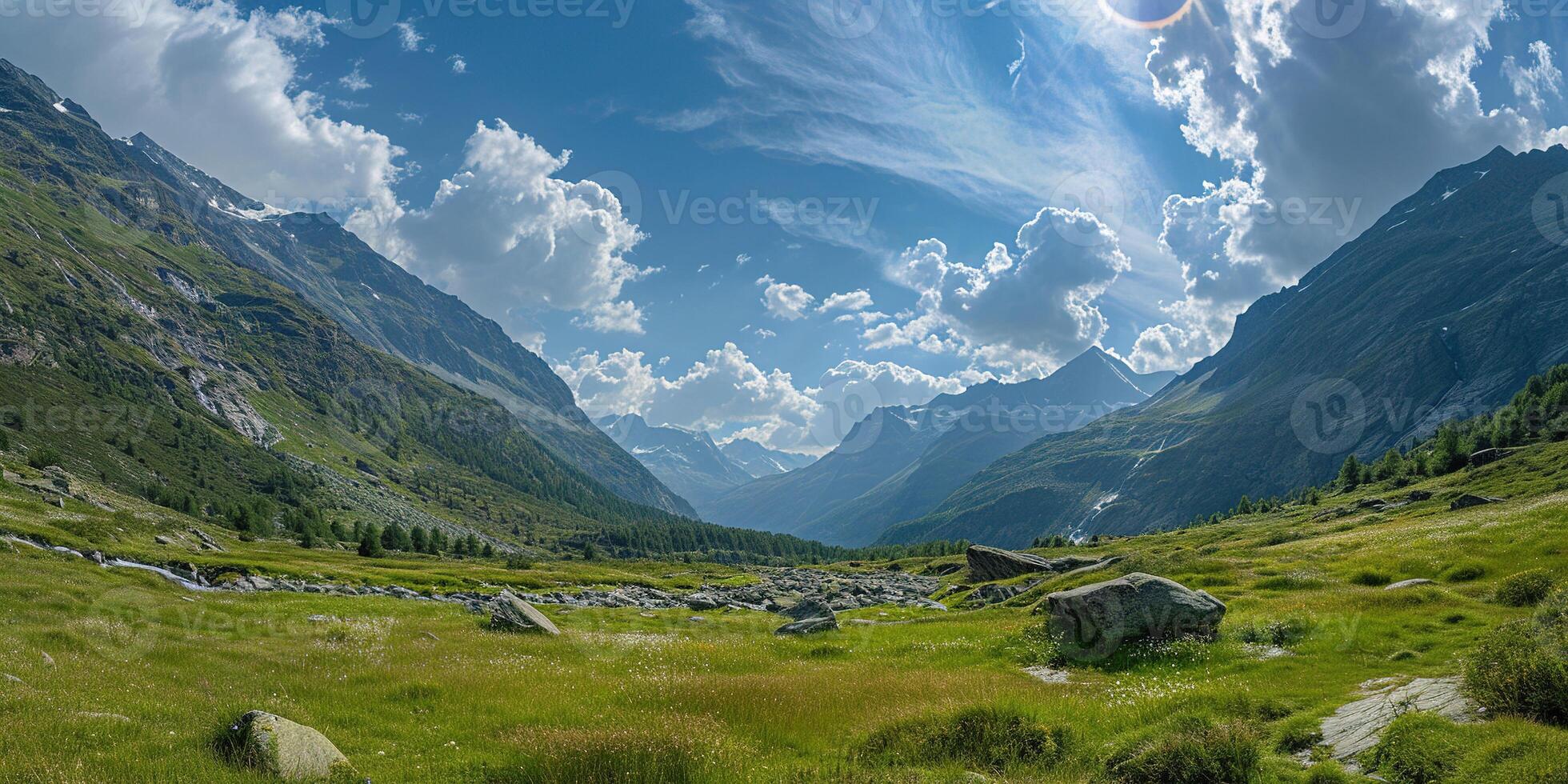 AI generated Swiss Alps mountain range with lush forest valleys and meadows, countryside in Switzerland landscape. Snowy mountain tops in the horizon, travel destination wallpaper background photo