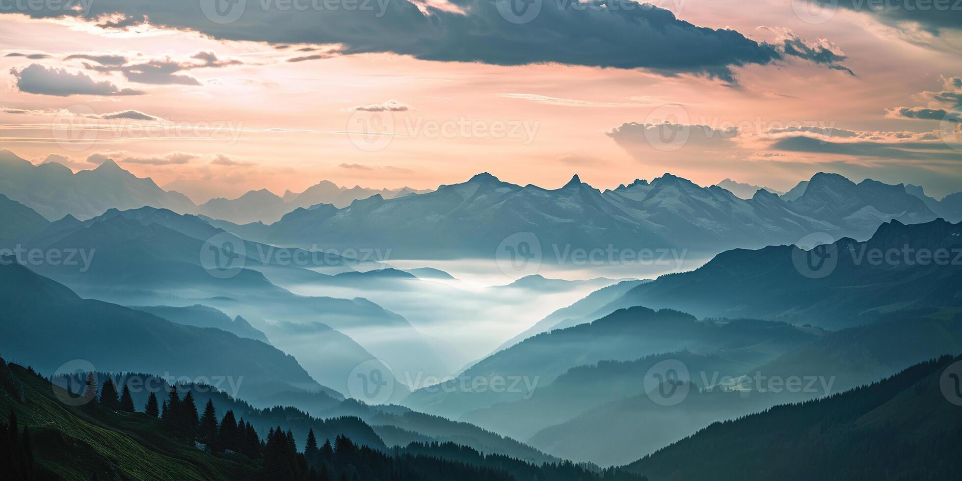 AI generated Swiss Alps mountain range with lush forest valleys and meadows, countryside in Switzerland landscape. Serene idyllic panorama, majestic nature, relaxation, calmness concept photo