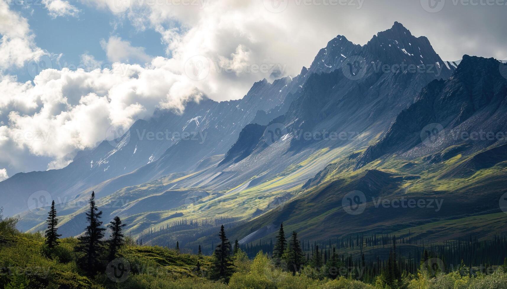 AI generated Snowy mountains of Alaska, landscape with forests, valleys, and rivers in daytime. Serene wilderness nature composition background wallpaper, travel destination, adventure outdoors photo