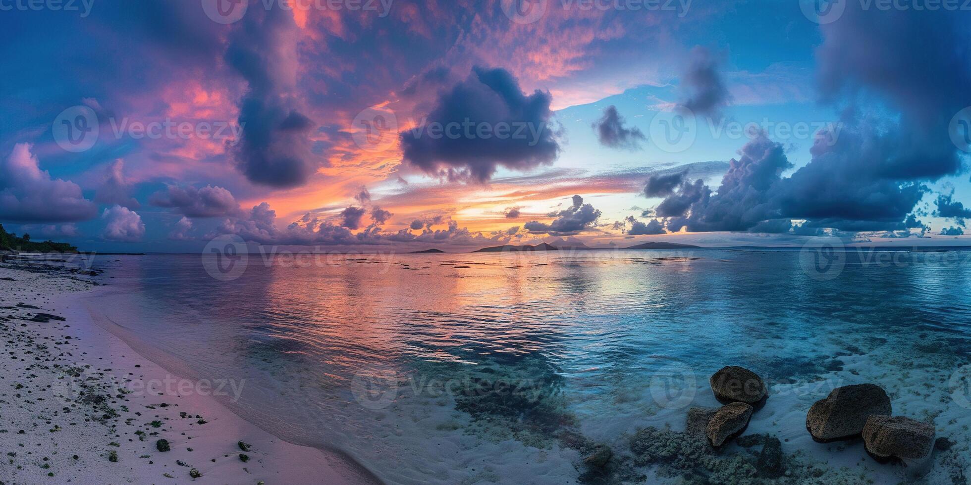 AI generated Great Barrier Reef on the coast of Queensland, Australia seascape. Coral sea marine ecosystem wallpaper background at sunset, with an orange purple sky in the evening golden hour photo