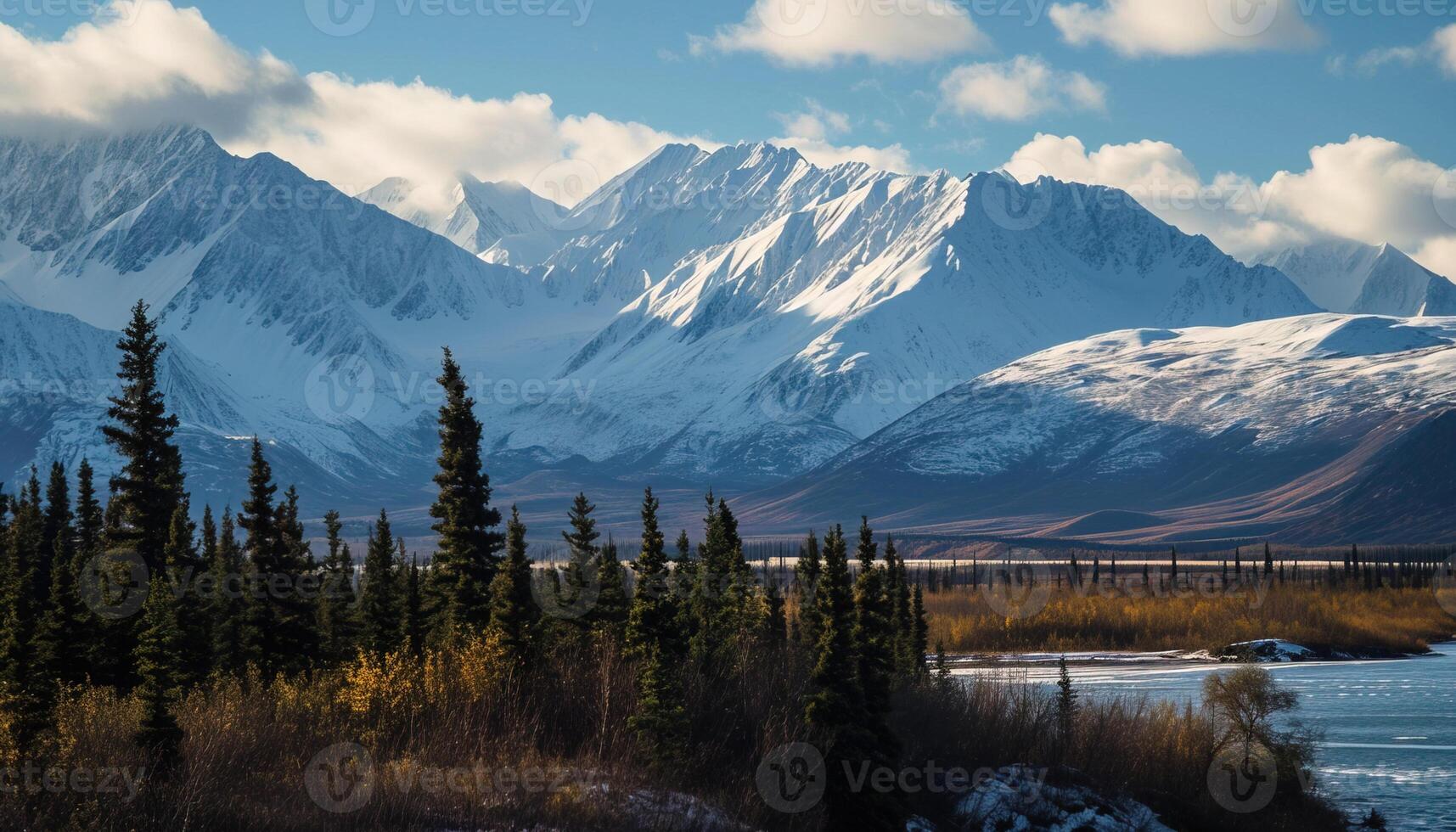 AI generated Snowy mountains of Alaska, landscape with forests, valleys, and rivers in daytime. Breathtaking nature composition background wallpaper, travel destination, adventure outdoors photo