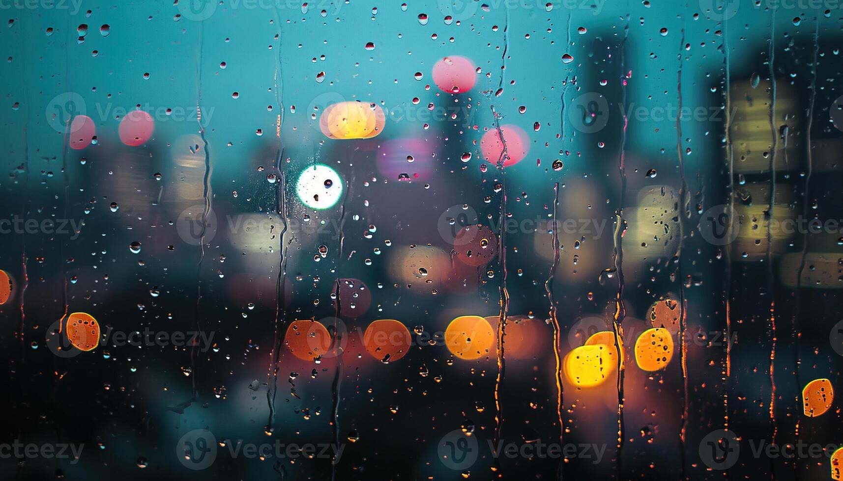 AI generated Rainy window with blurry city lights in the background. Bokeh out of focus blur, gloomy weather, melancholic mood, sadness, longing, depression concept backdrop photo