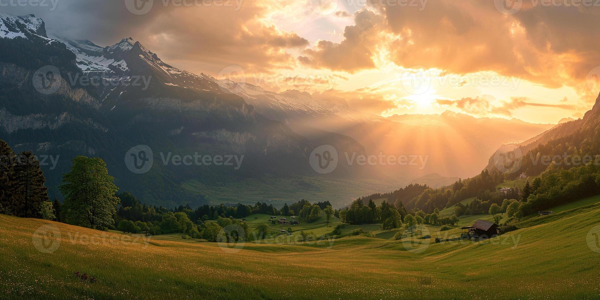 AI generated Swiss Alps snowy mountain range with valleys and meadows, Switzerland landscape. Golden hour sunset, serene idyllic panorama, majestic nature, relaxation, calmness concept photo
