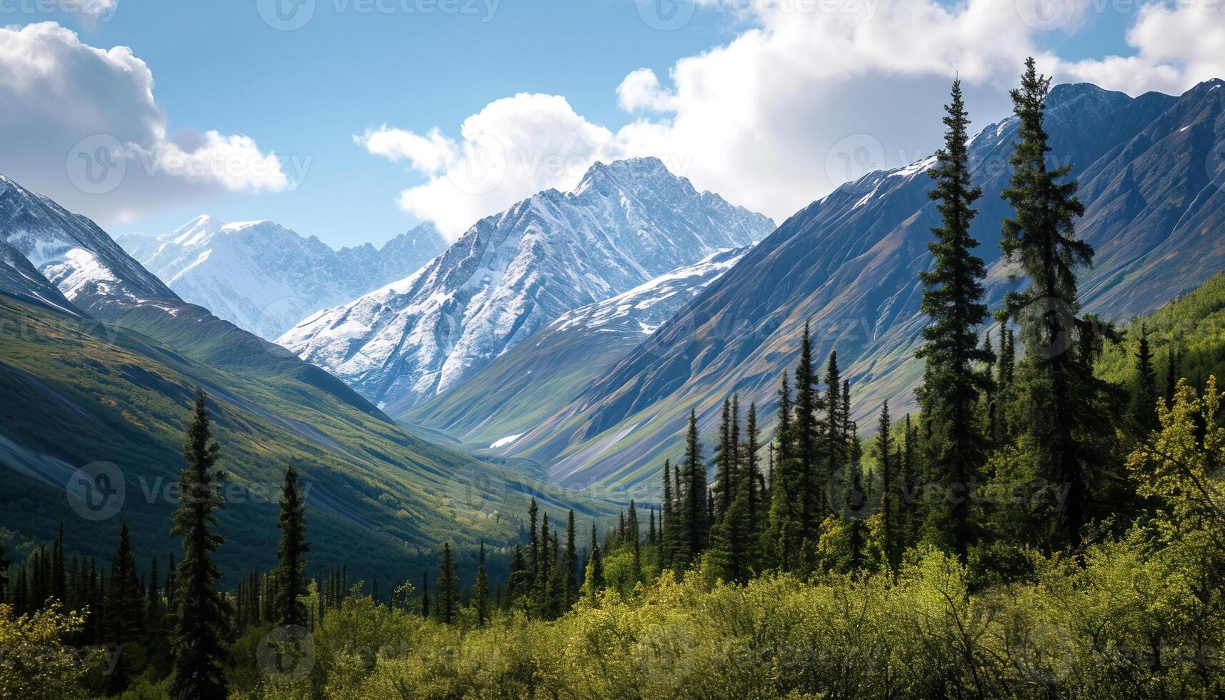 ai generado Nevado montañas de Alaska, paisaje con bosques, valles, y ríos en tiempo de día. sereno desierto naturaleza composición antecedentes fondo de pantalla, viaje destino, aventuras al aire libre foto