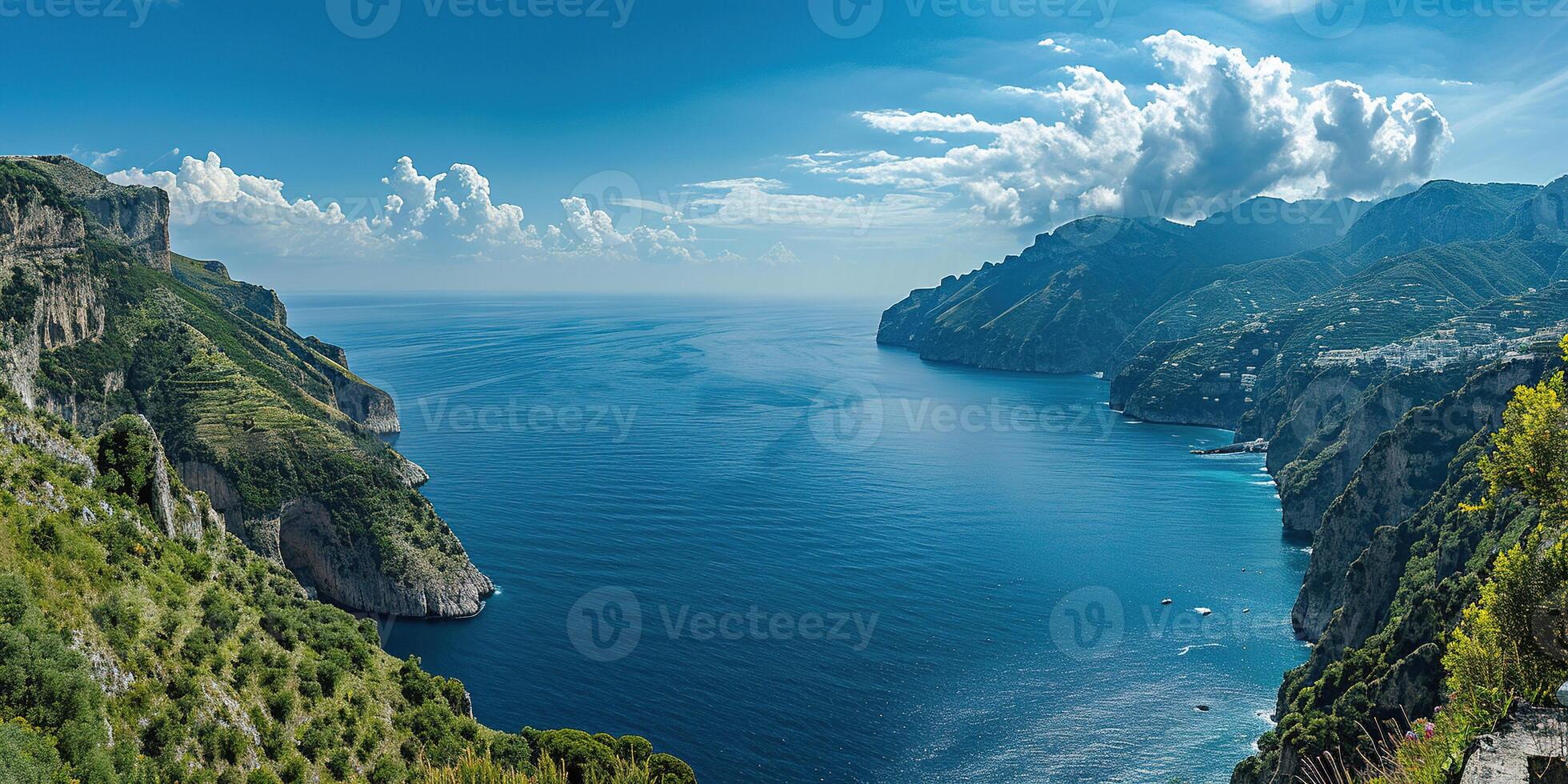 AI generated Amalfi coast coastline in Sorrentine Peninsula, Campania region, Italy. Holiday destination shoreline with hills, beaches, and cliffs, sea view, blue sky day wallpaper background photo