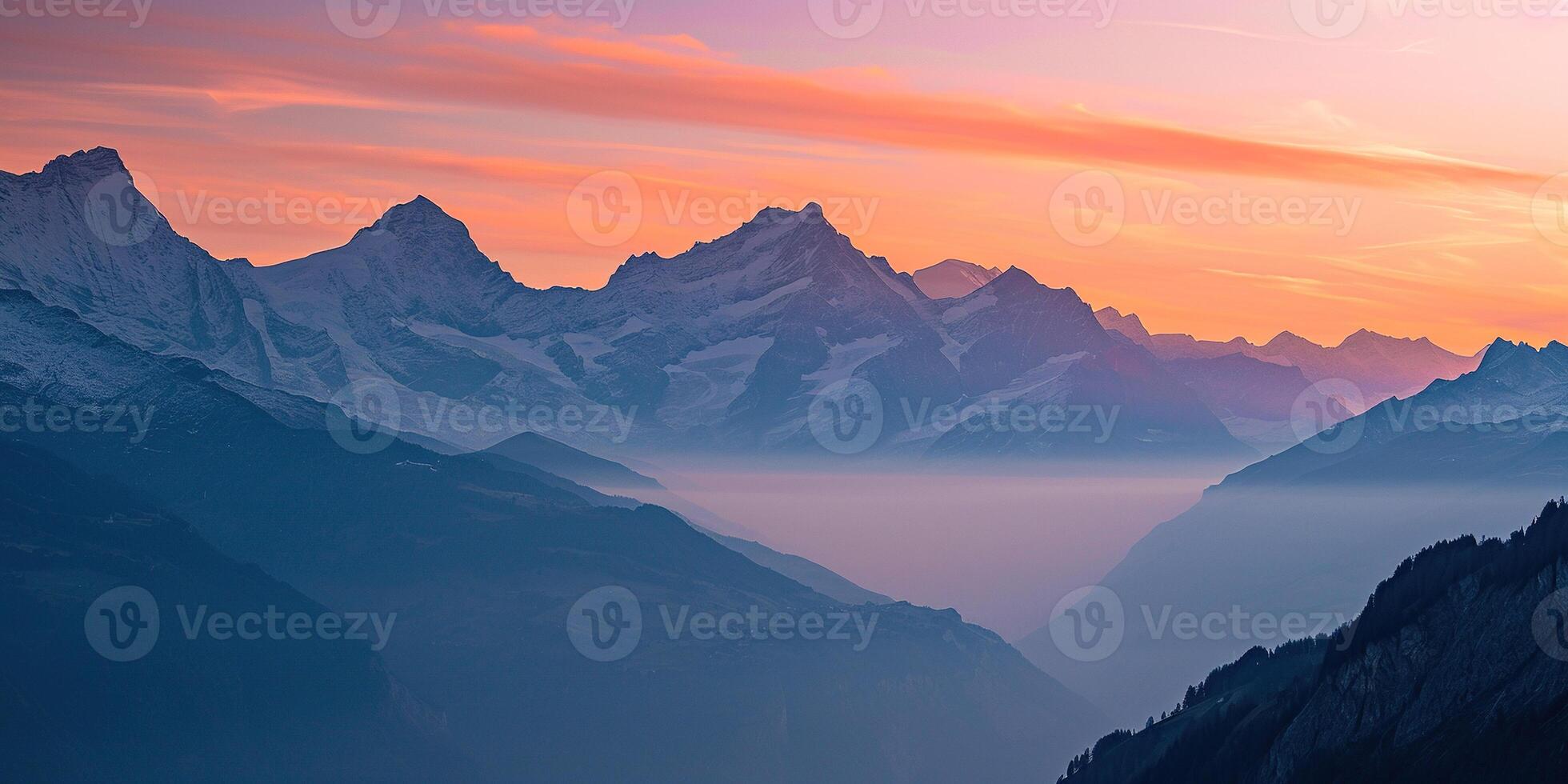 AI generated Swiss Alps snowy mountain range with valleys and meadows, countryside in Switzerland landscape. Golden hour majestic fiery sunset sky, travel destination wallpaper background photo