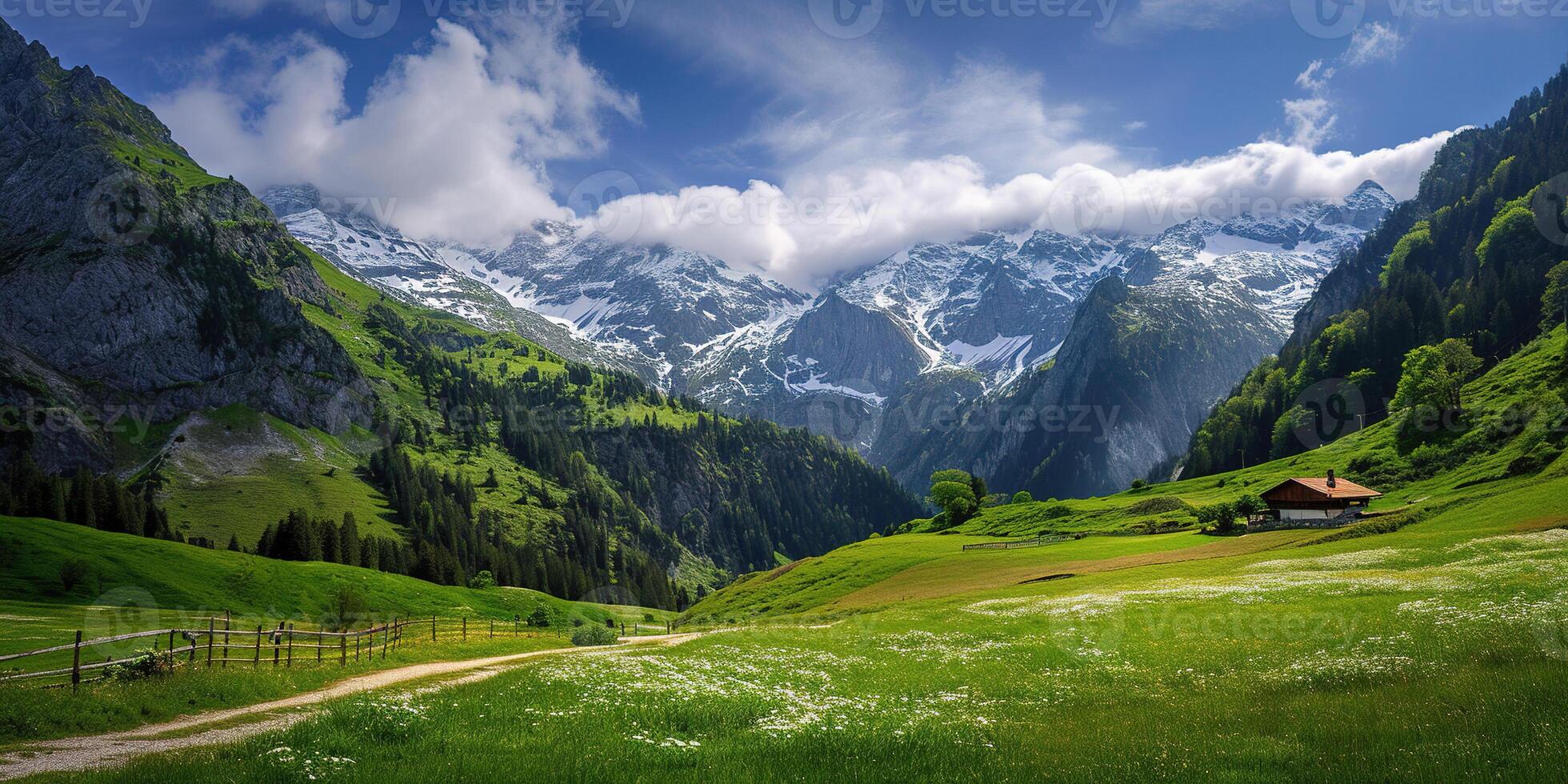 AI generated Swiss Alps mountain range with lush forest valleys and meadows, countryside in Switzerland landscape. Serene idyllic panorama, majestic nature, relaxation, calmness concept photo