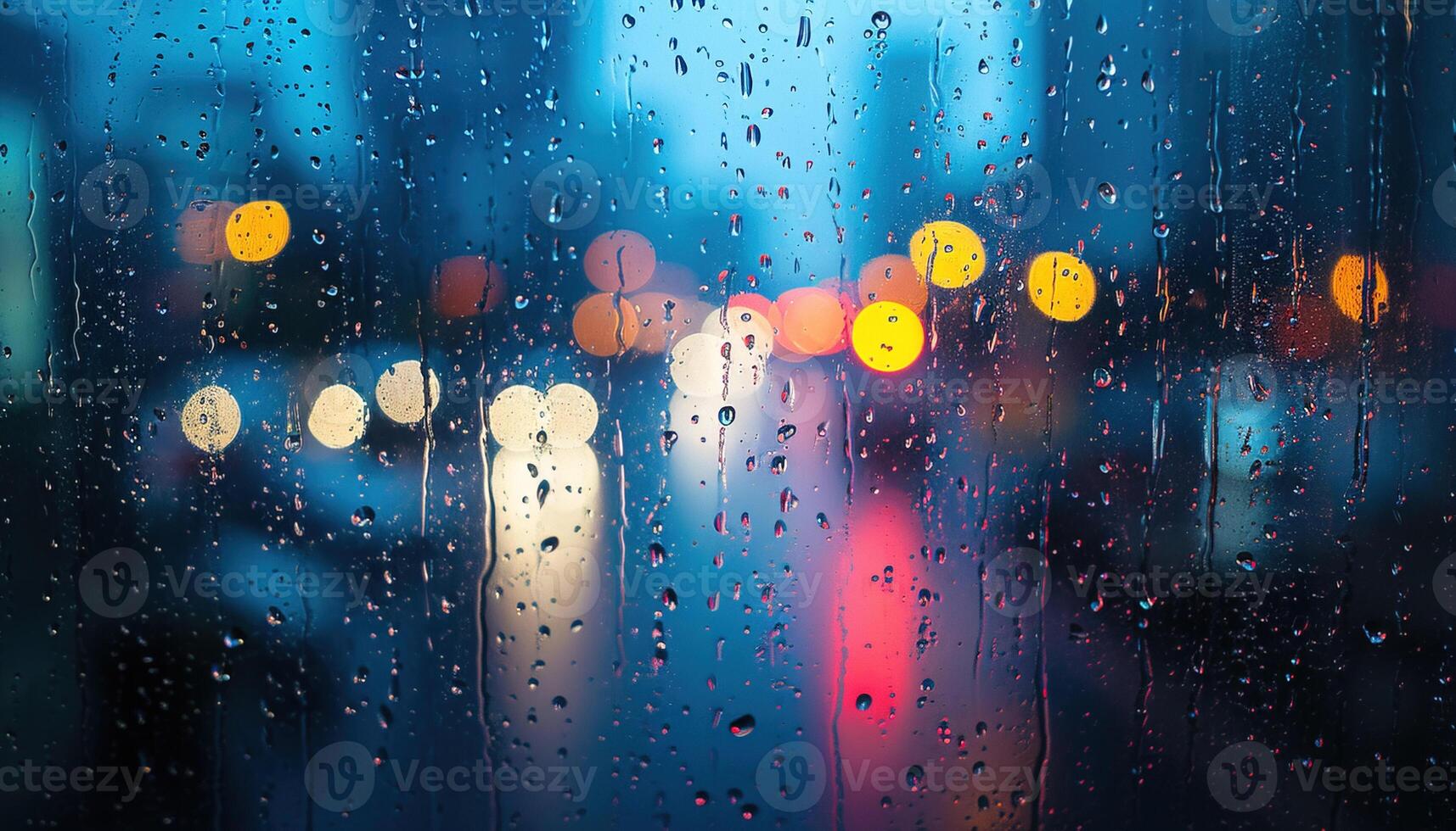 AI generated Rainy window with blurry city lights in the background. Bokeh out of focus blur, gloomy weather, melancholic mood, sadness, longing, depression concept backdrop photo