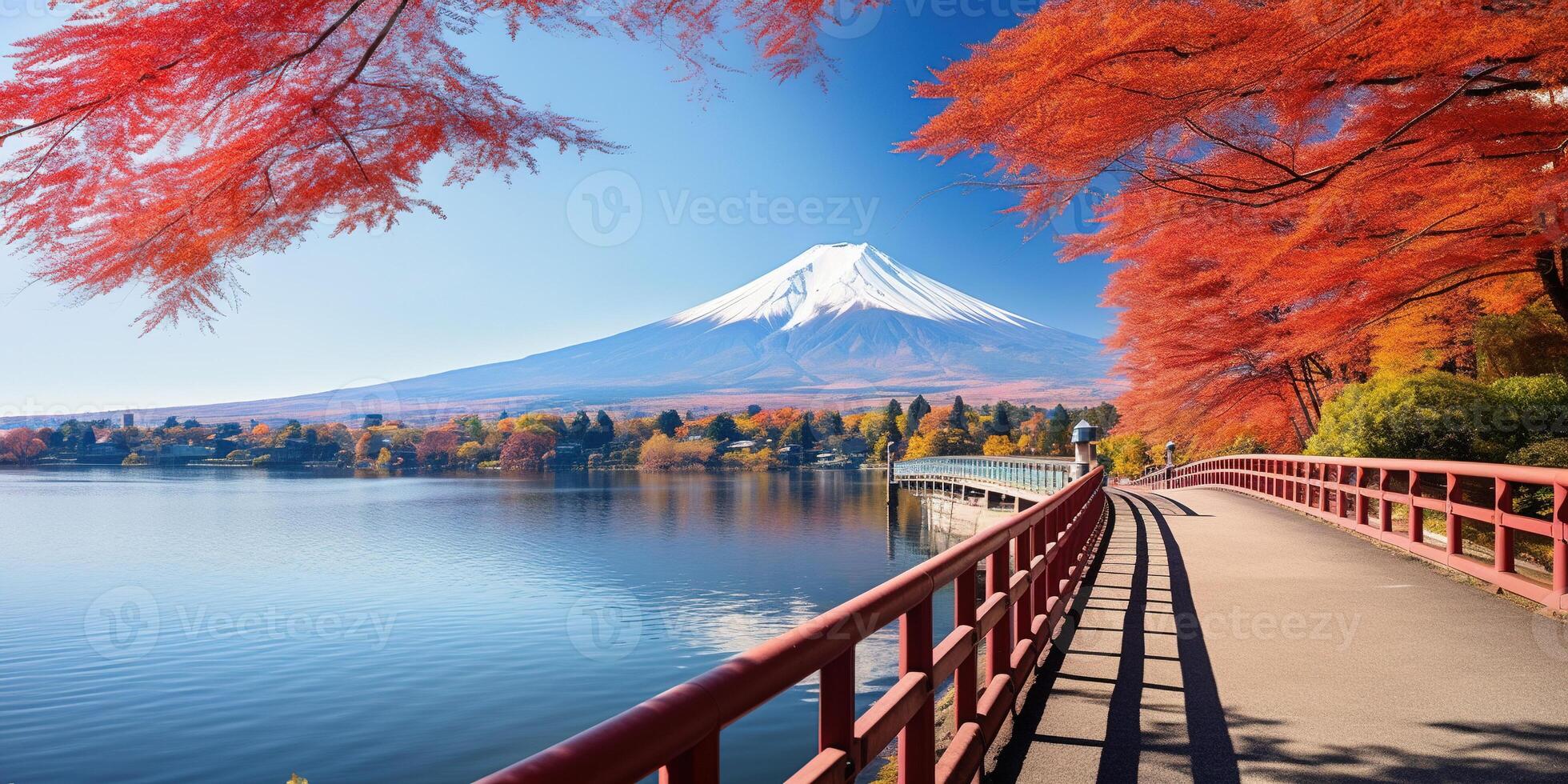 AI generated Mt. Fuji, mount Fuji-san tallest volcano mountain in Tokyo, Japan. Snow capped peak, conical sacred symbol, autumn fall, red trees, nature landscape backdrop background wallpaper, travel photo