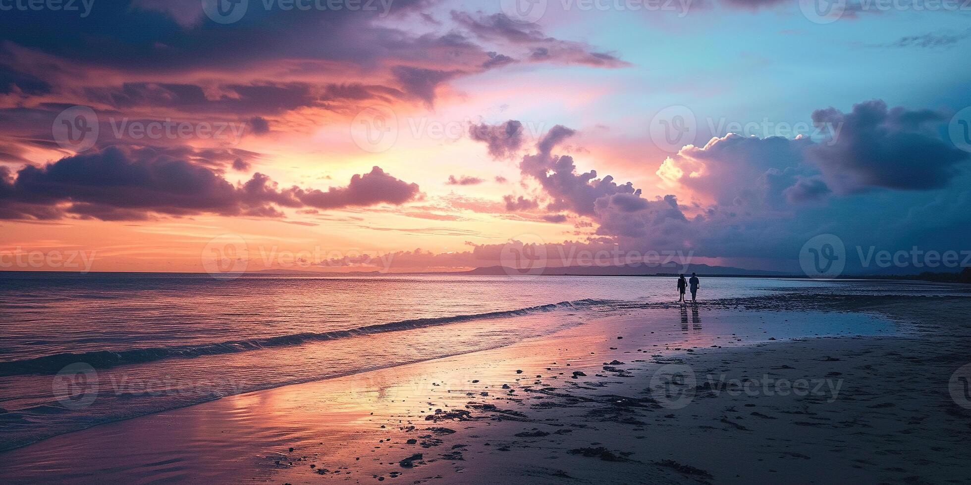 ai generado un silueta de un Pareja en un playa puesta de sol paisaje. púrpura, rosa, y naranja ardiente dorado hora noche cielo en el horizonte. amar, verano, calidad hora concepto fondo de pantalla antecedentes foto