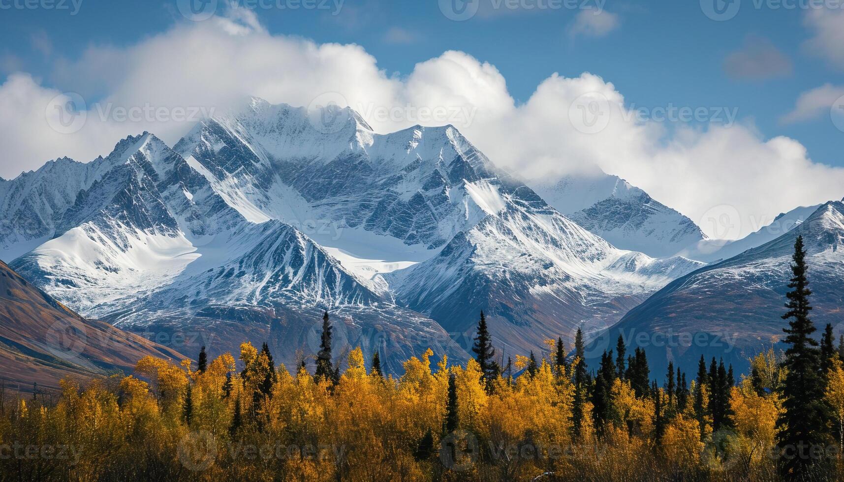 AI generated Snowy mountains of Alaska, landscape with forests, valleys, and rivers in daytime. Breathtaking nature composition background wallpaper, travel destination, adventure outdoors photo